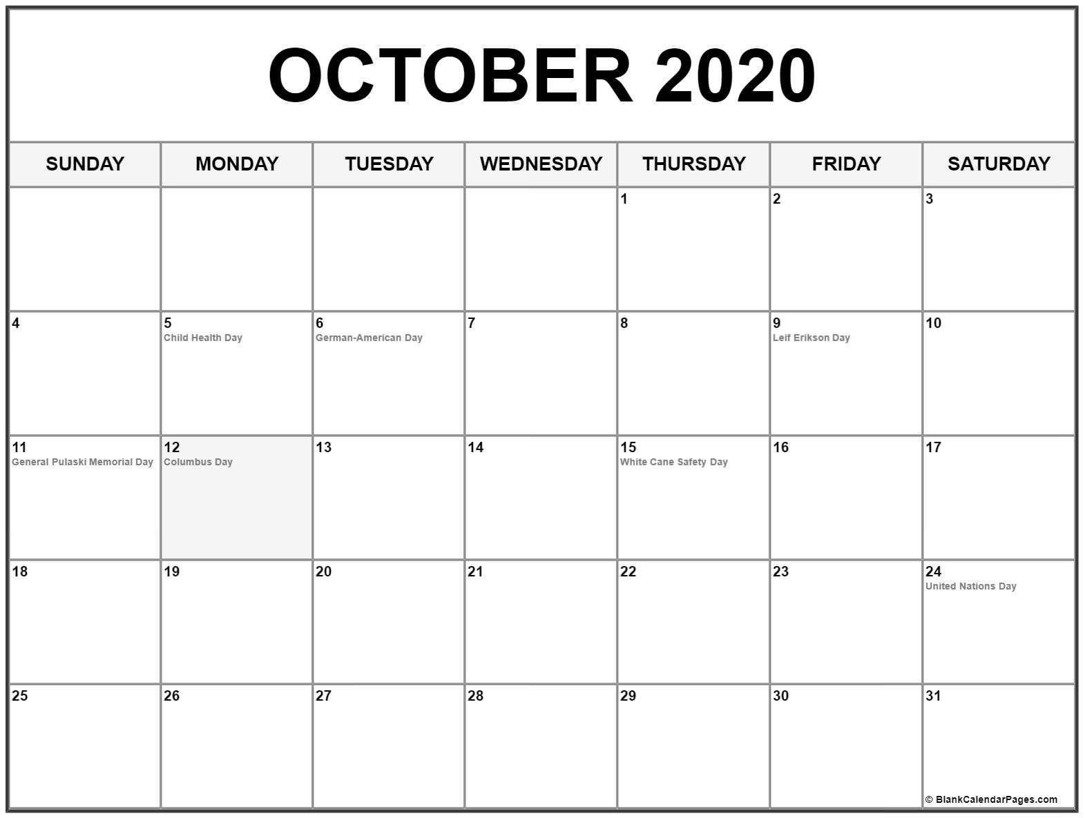 October 2020 Calendar With Holidays | Printable Calendar 2020 Calendar List Of Holidays