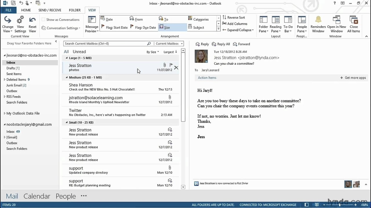 Outlook 2013 Tutorial: Customizing The Inbox | Lynda - Youtube Outlook Calendar Blank Space Right