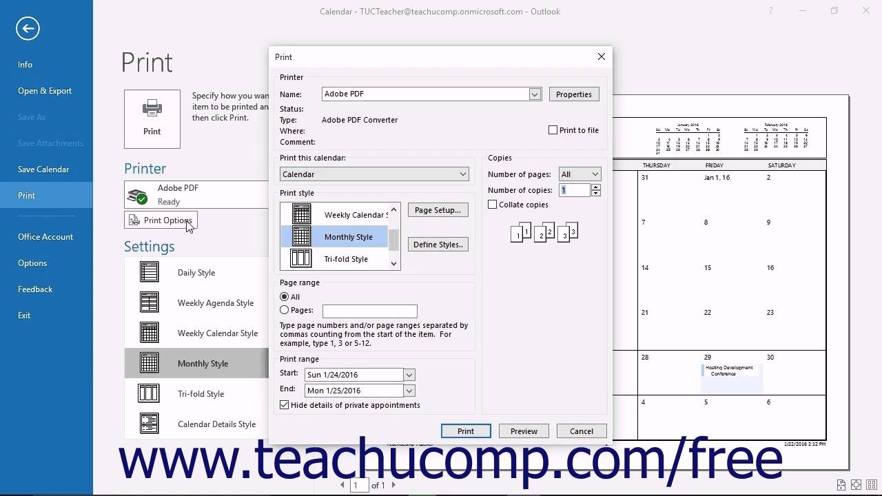 Outlook 2016 Tutorial Printing The Calendar Microsoft Training Calendar Not Printing In Color