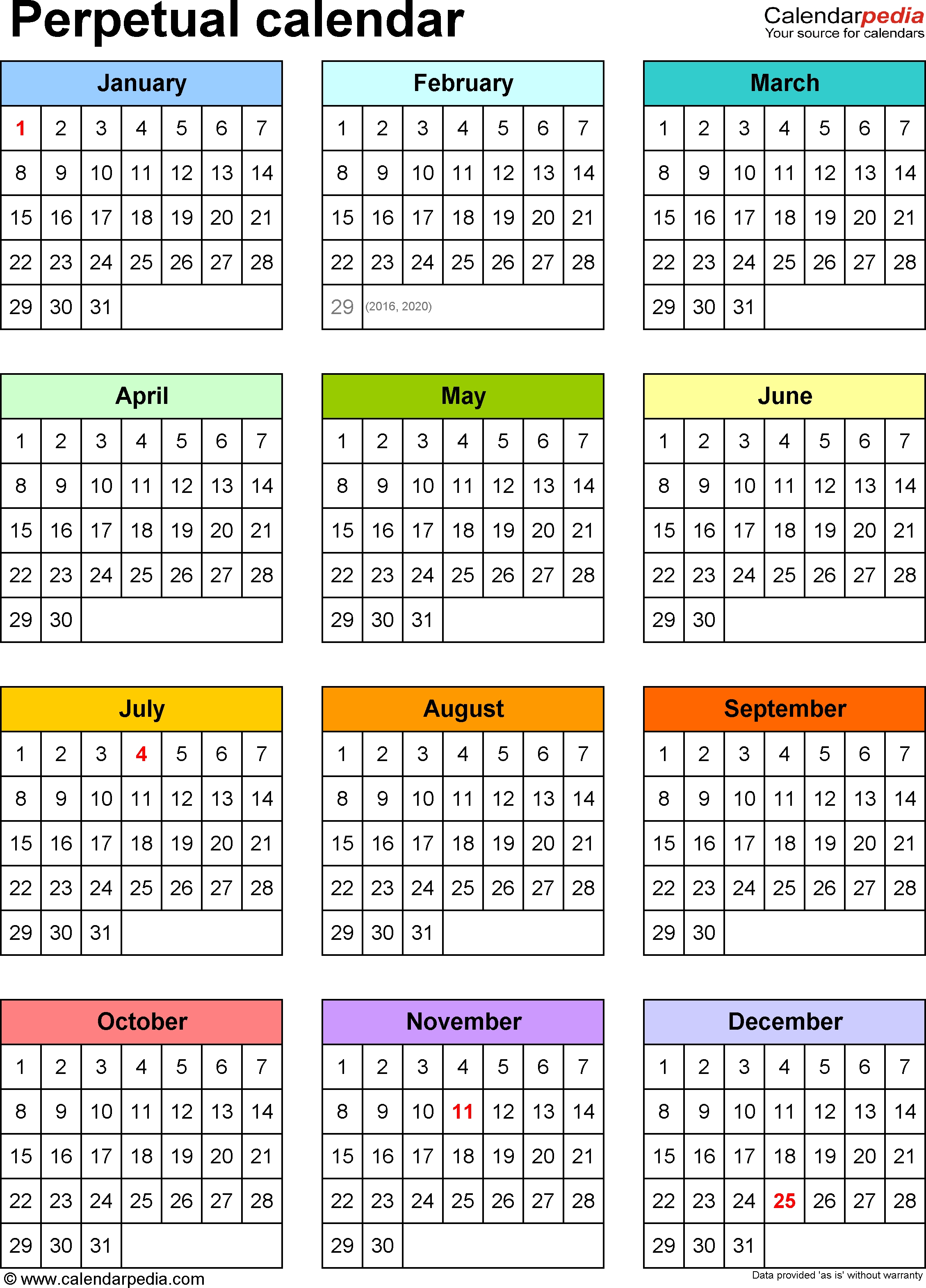 Perpetual Calendars - 7 Free Printable Word Templates Calendar Month 0 To 11