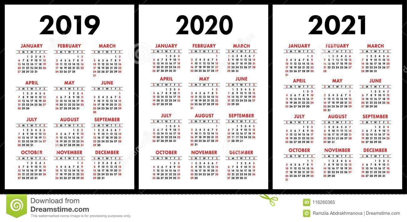 Pocket Calendar 2019, 2020, 2021 Set. Basic Simple Template. Wee 2 Year Pocket Calendar 2019 And 2020