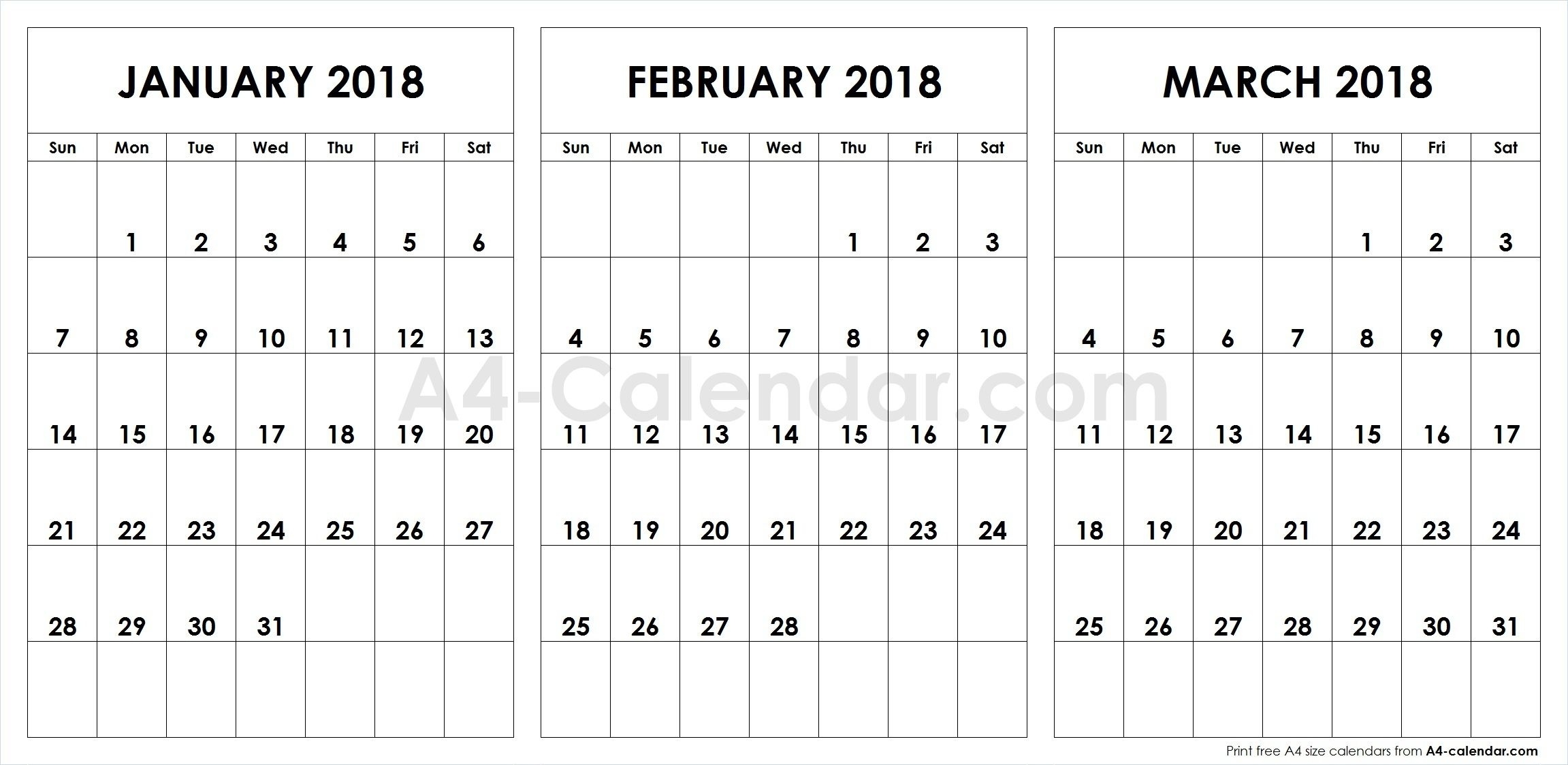 Print Free Blank January February March 2018 A4 Calendar Template Free Calendar Months To Print