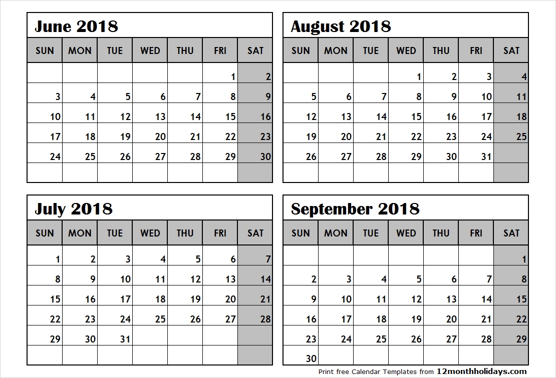 Print June To September 2018 Calendar Template | 4 Month Calendar 4 Month Calendar Template
