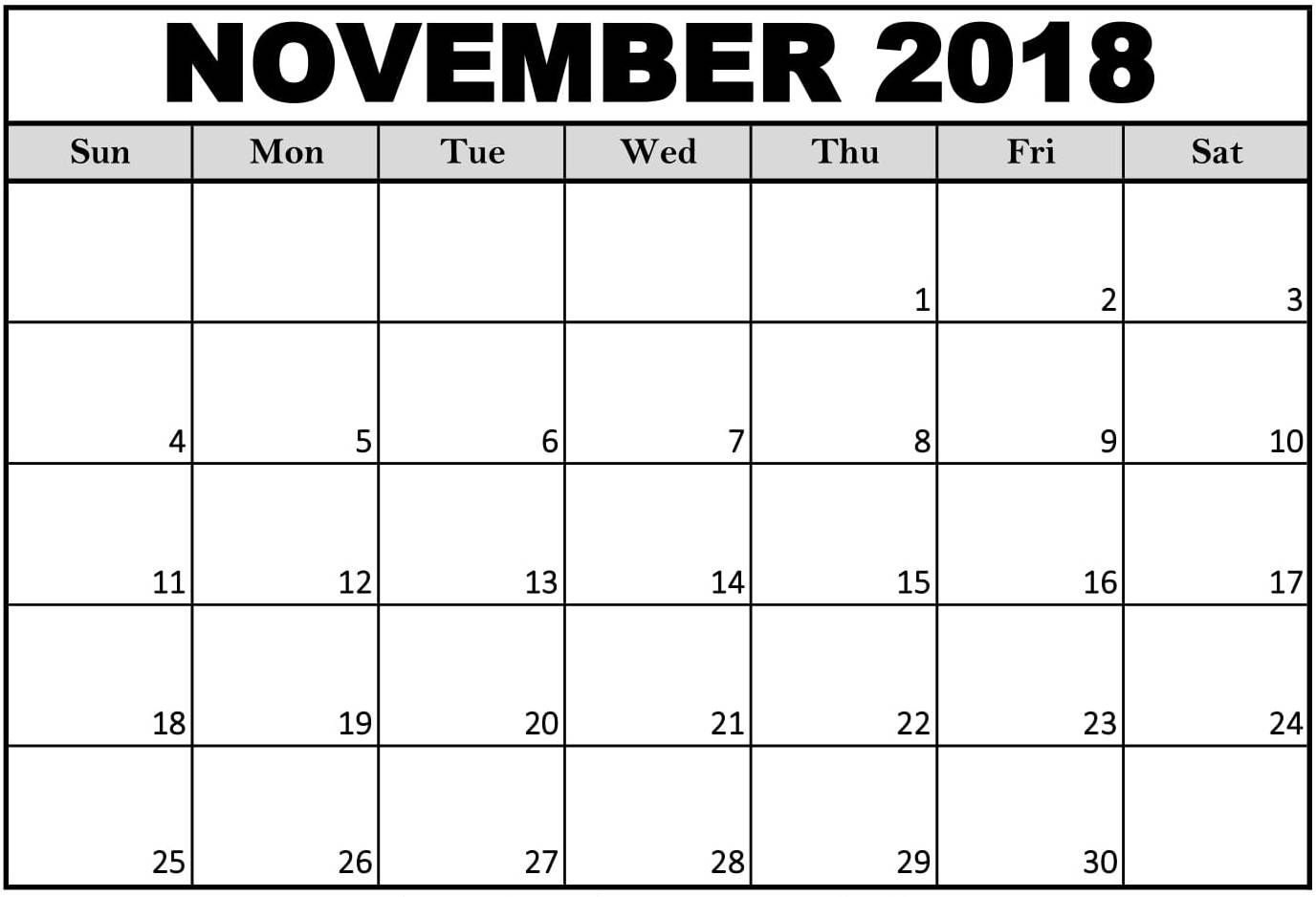 Print November 2018 Calendar Excel Template | 125+ November 2018 Calendar Printing Online Free