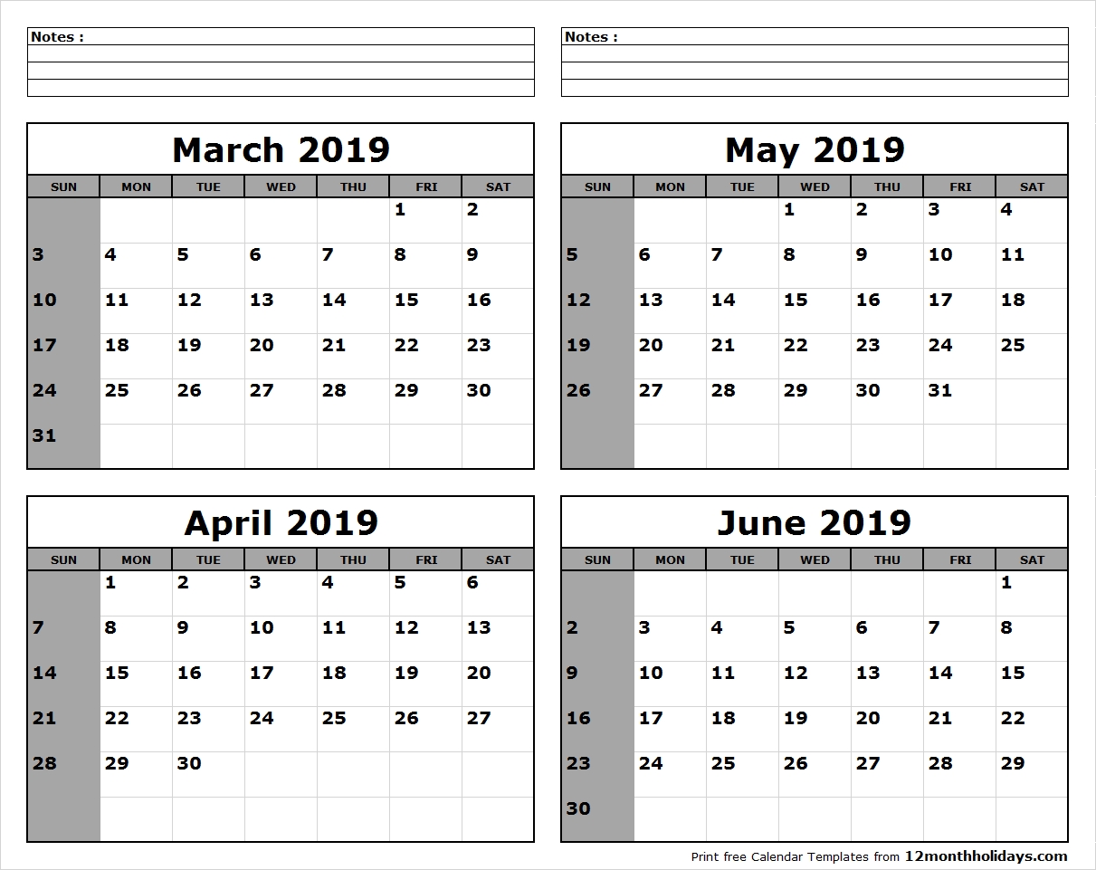 Printable Blank Four Month March April May June 2019 Calendar Template Print 4 Month Calendar
