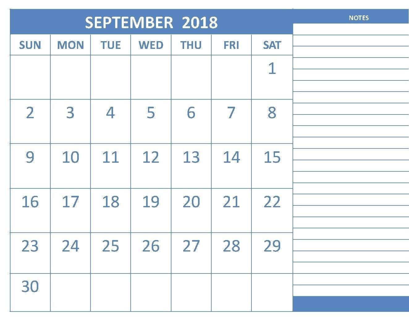 Printable September 2018 Calendar With Notes | Printable Calendar Blank Calendar With Notes