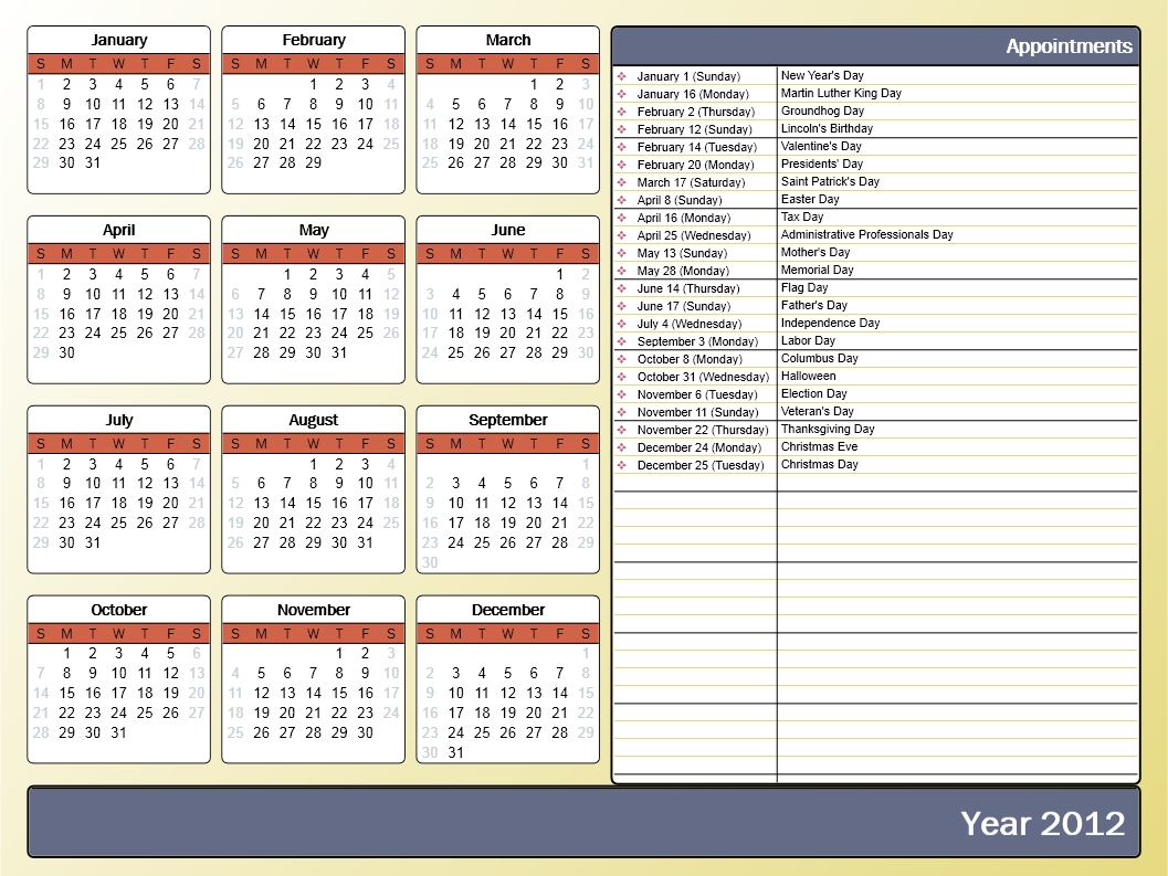 Printing A Yearly Calendar With Holidays And Birthdays - Howto-Outlook C Program To Print Calendar Month