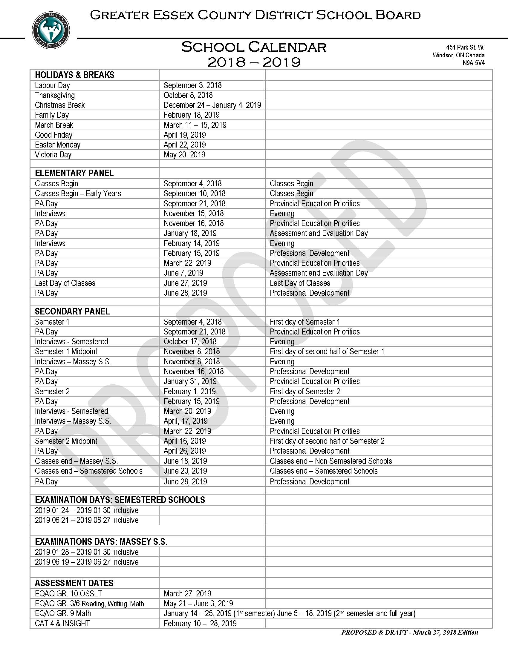 Proposed 2018-19 School Year Calendar - Greater Essex County Extraordinary Re 1 School Calendar