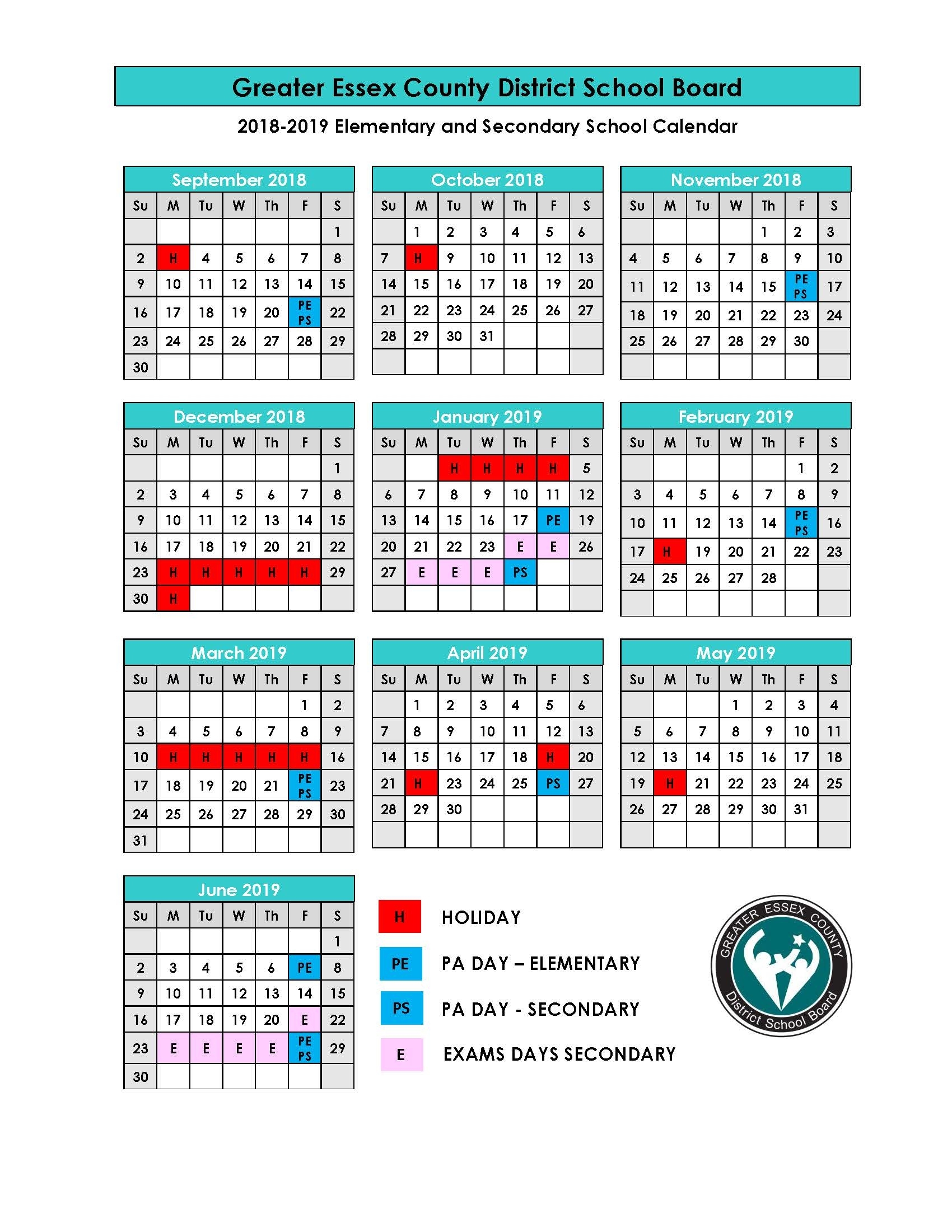 Proposed 2018-19 School Year Calendar - Greater Essex County T Or C School Calendar