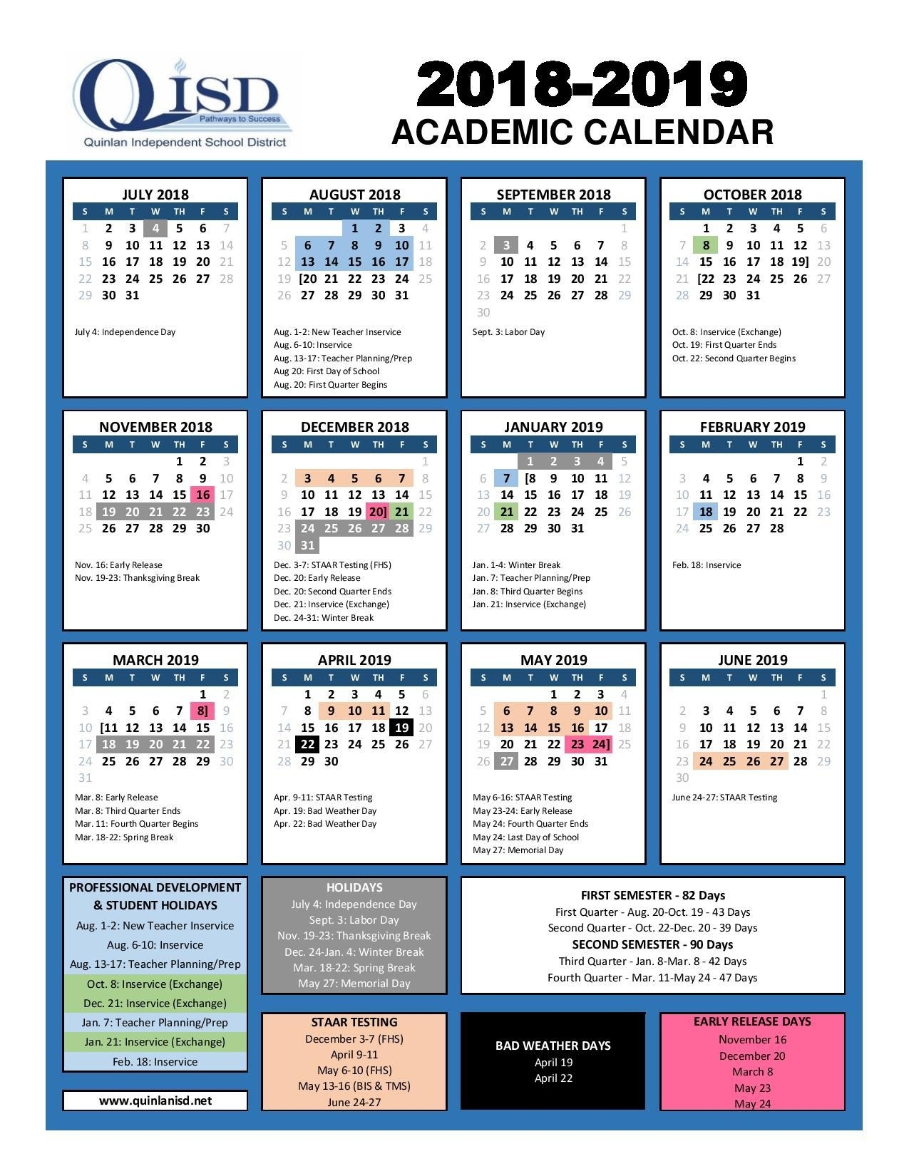 Quinlan Independent School District Dashing E Rivers School Calendar
