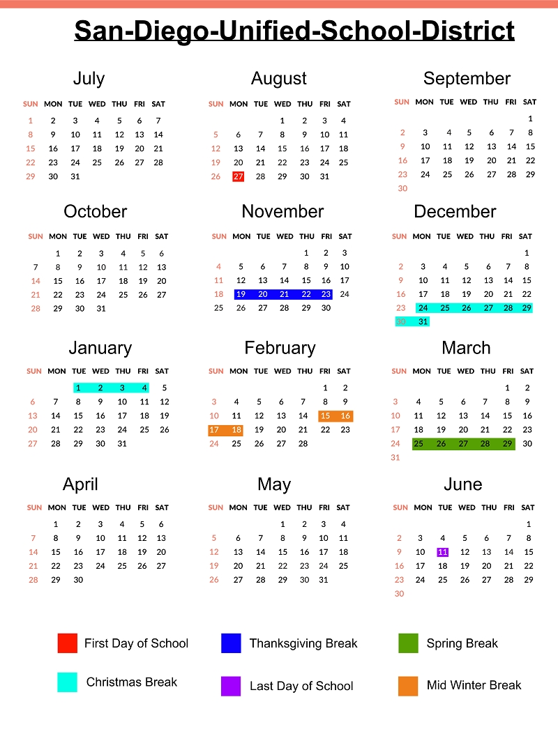 San Diego Unified School District Calendar Holidays {2018-2019 Extraordinary School Calendar In San Diego