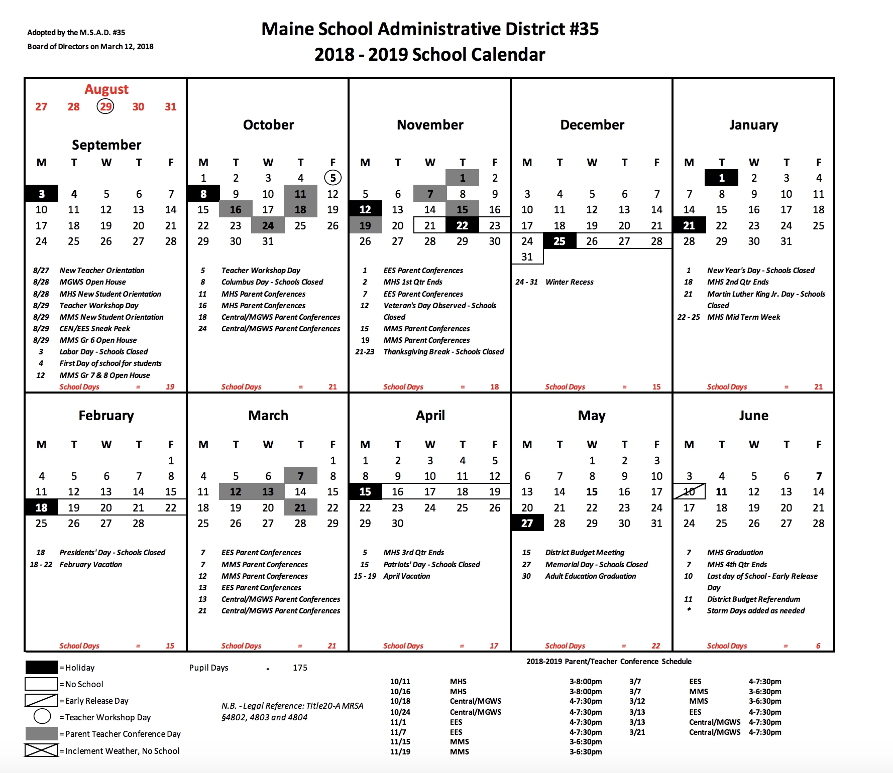 School Calendar For 2018-2019 Approved March 12 Msad 1 School Calendar