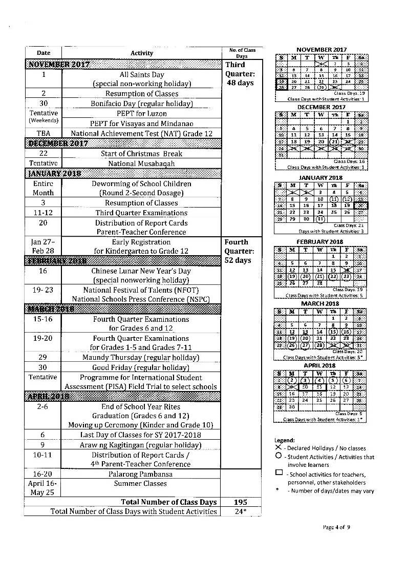 School Calendar For School Year 2017-2018 | Department Of Education School Calendar Of Activities