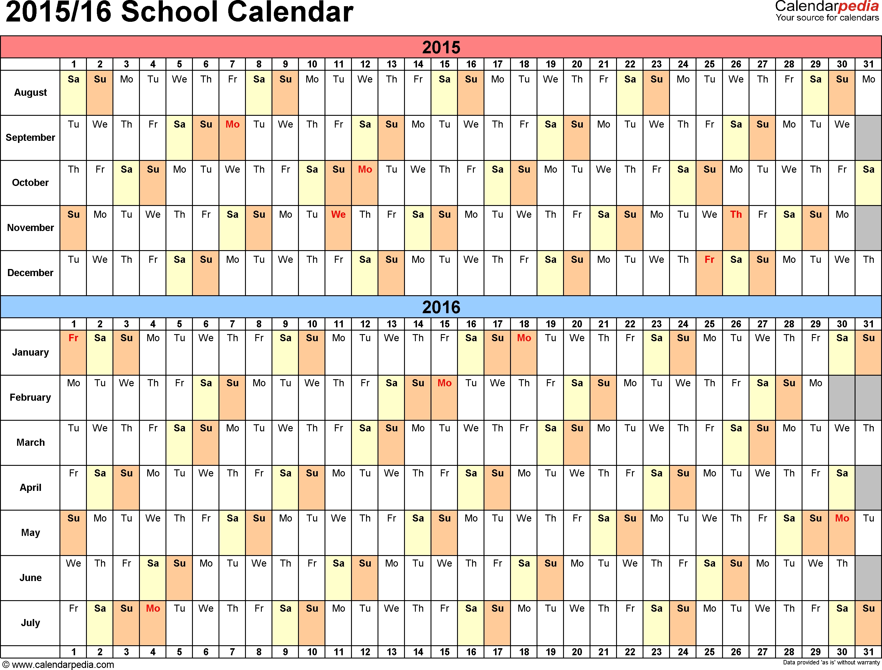 School Calendars 2015/2016 As Free Printable Word Templates Exceptional Free Printable Calendar For School