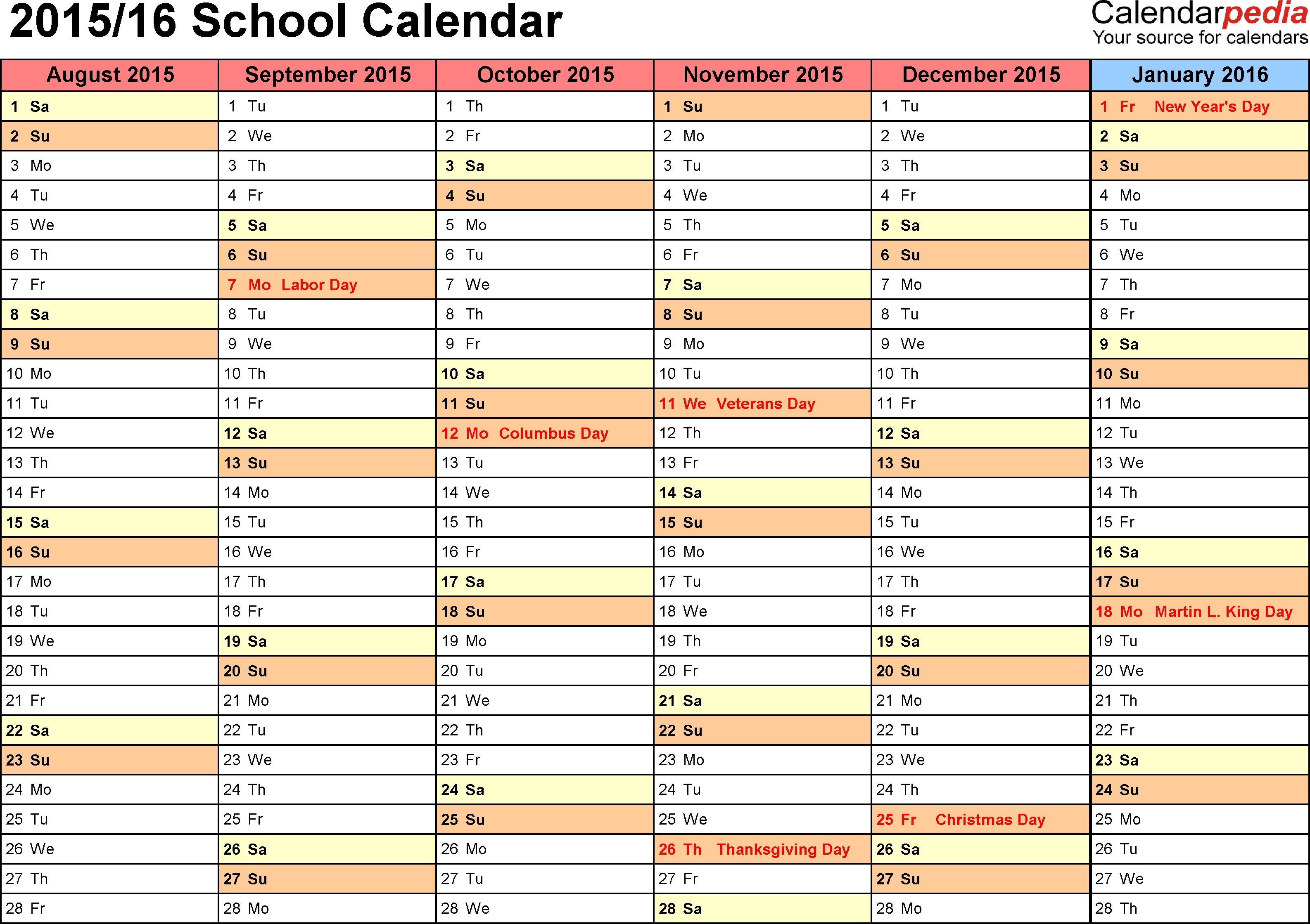 School Calendars 2015/2016 As Free Printable Word Templates Monthly Calendar School Year