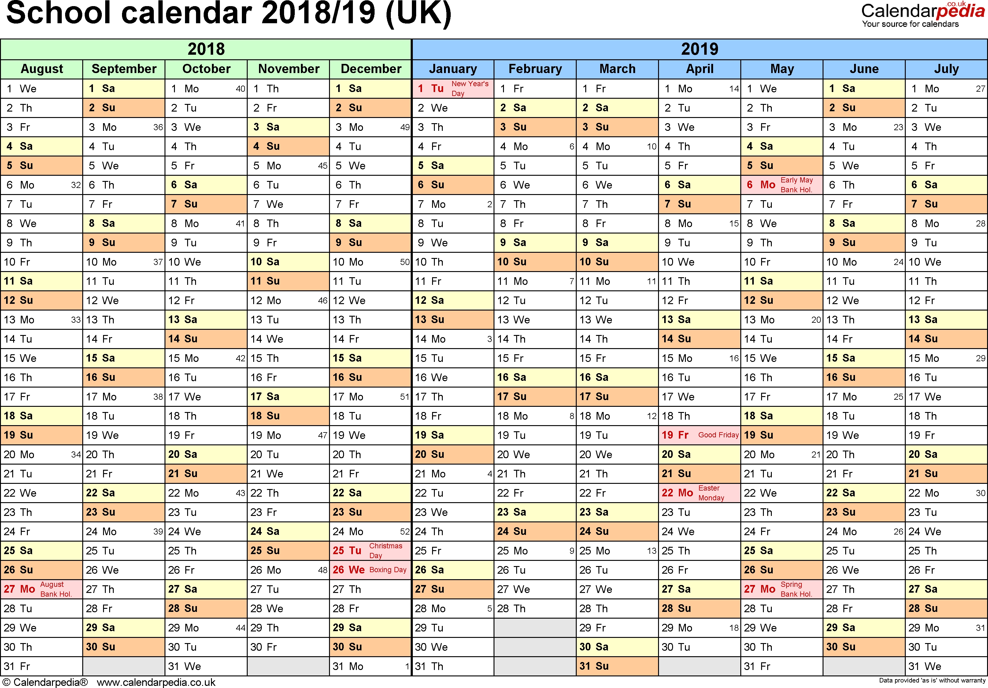 School Calendars 2018/2019 As Free Printable Excel Templates Calendar School 2019 Uk