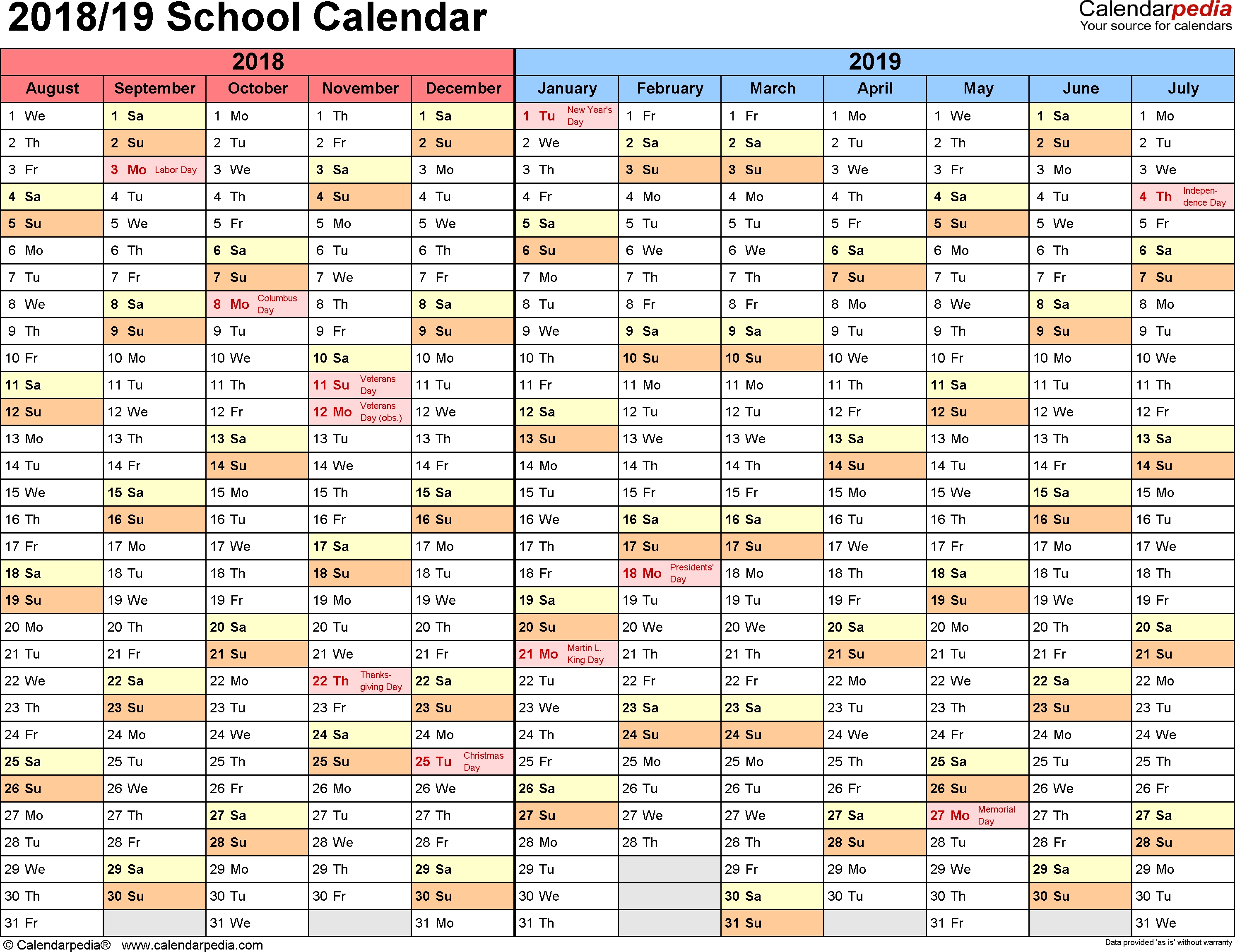 School Calendars 2018/2019 As Free Printable Word Templates Calendar School Year 2019-18 Deped