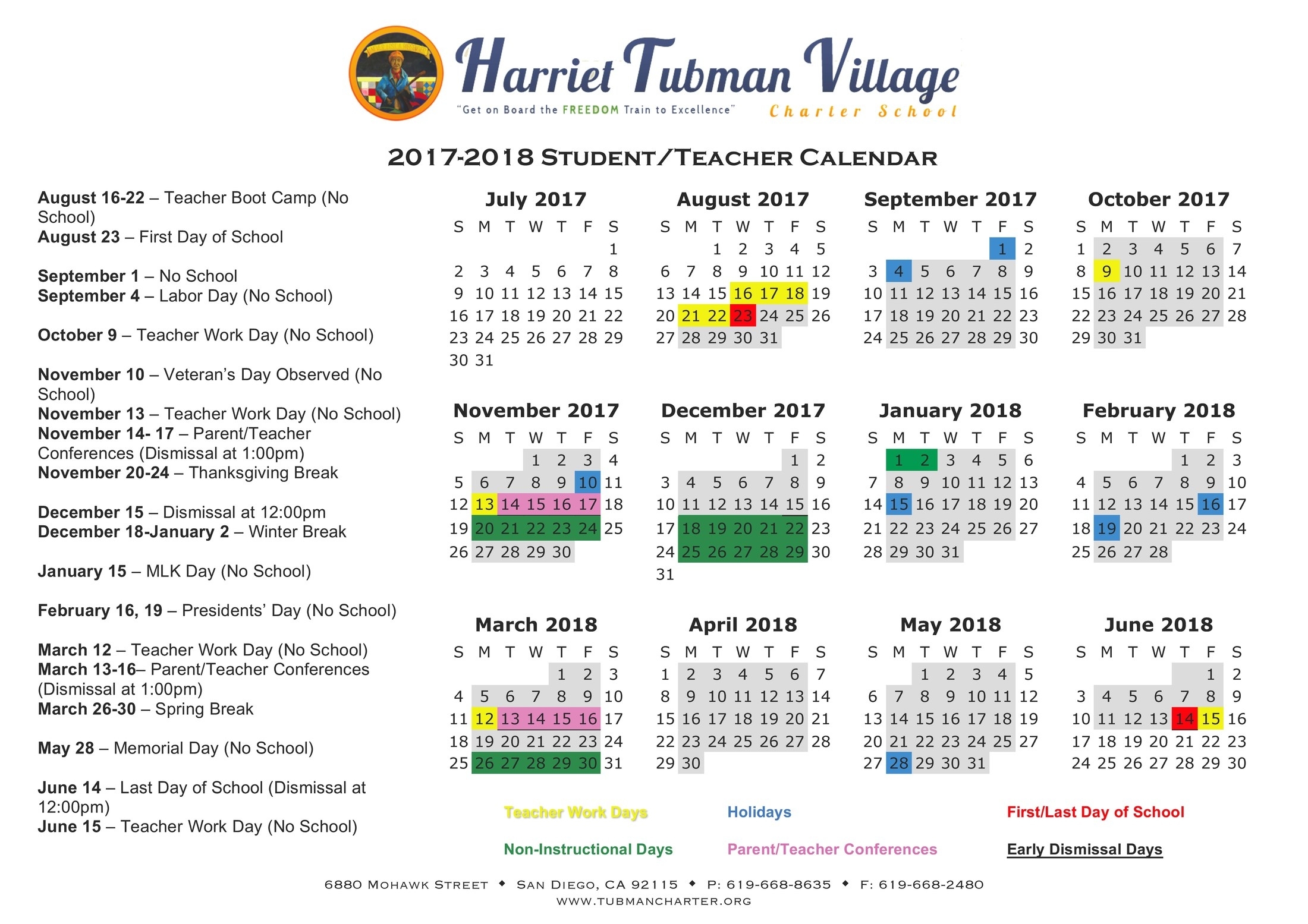 School Year Calendar 2017-2018 – Parents – Harriet Tubman Village Exceptional 3 Village School Calendar