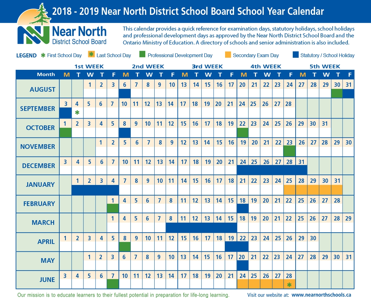 School Year Calendar 2018-2019 – Near North District School Board Extraordinary Region 7 School Calendar
