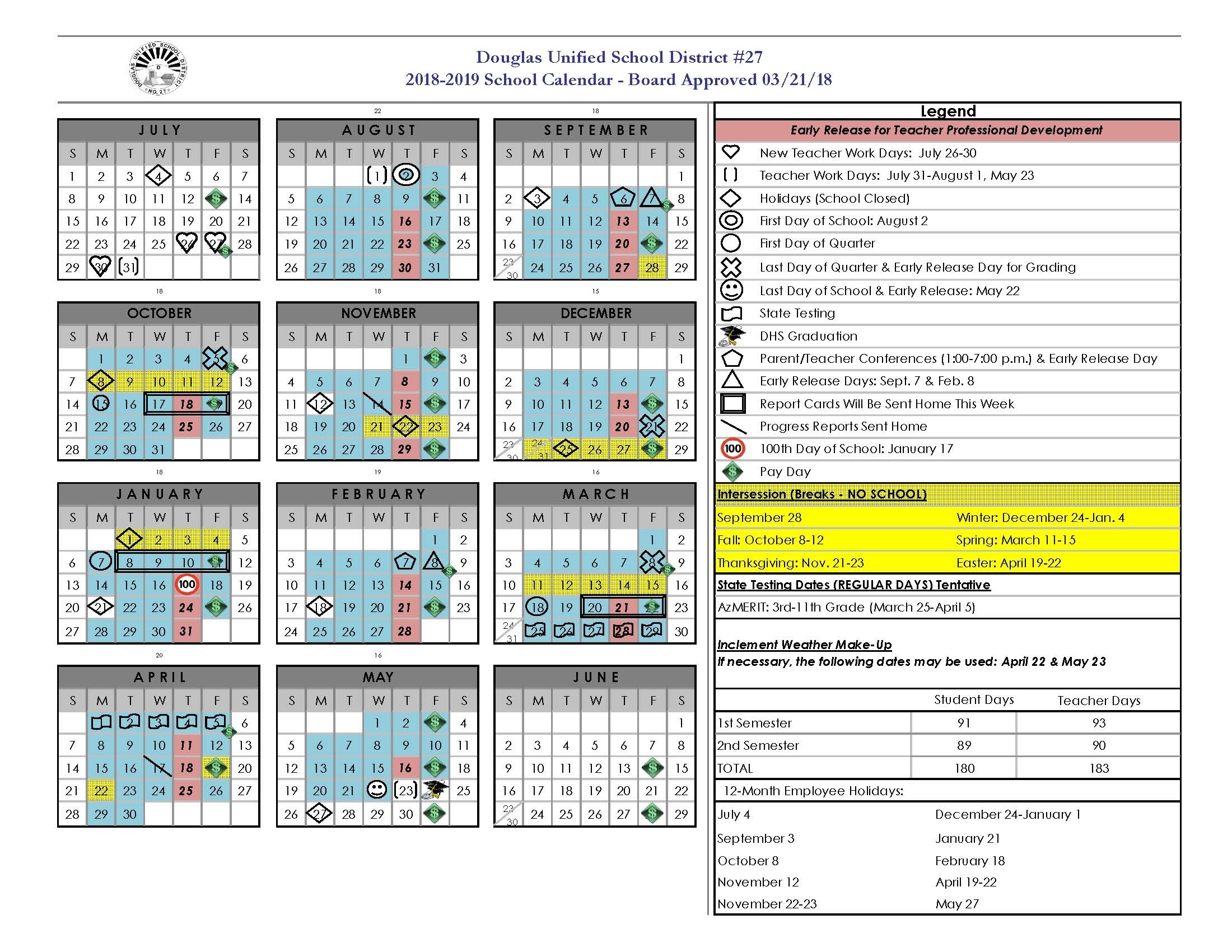 School Year Calendar | Douglas Usd 27 T/e Middle School Calendar
