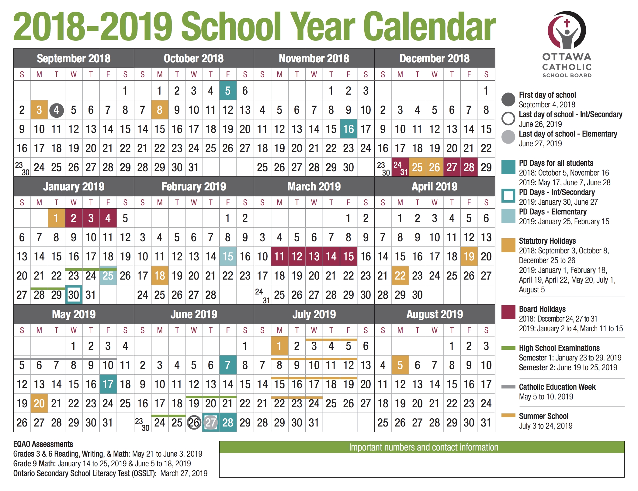 School Year Calendar From The Ocsb Exceptional T/e Middle School Calendar