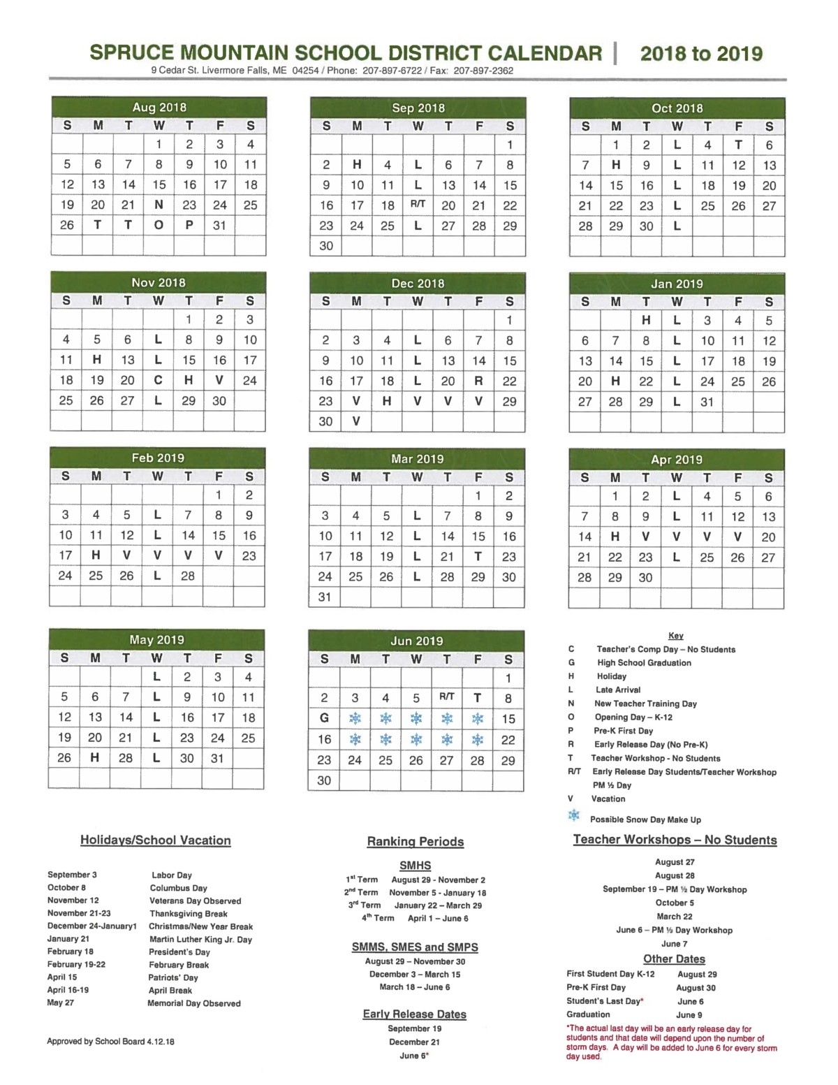 School Year Calendar - Spruce Mountain School District Year Calendar In School