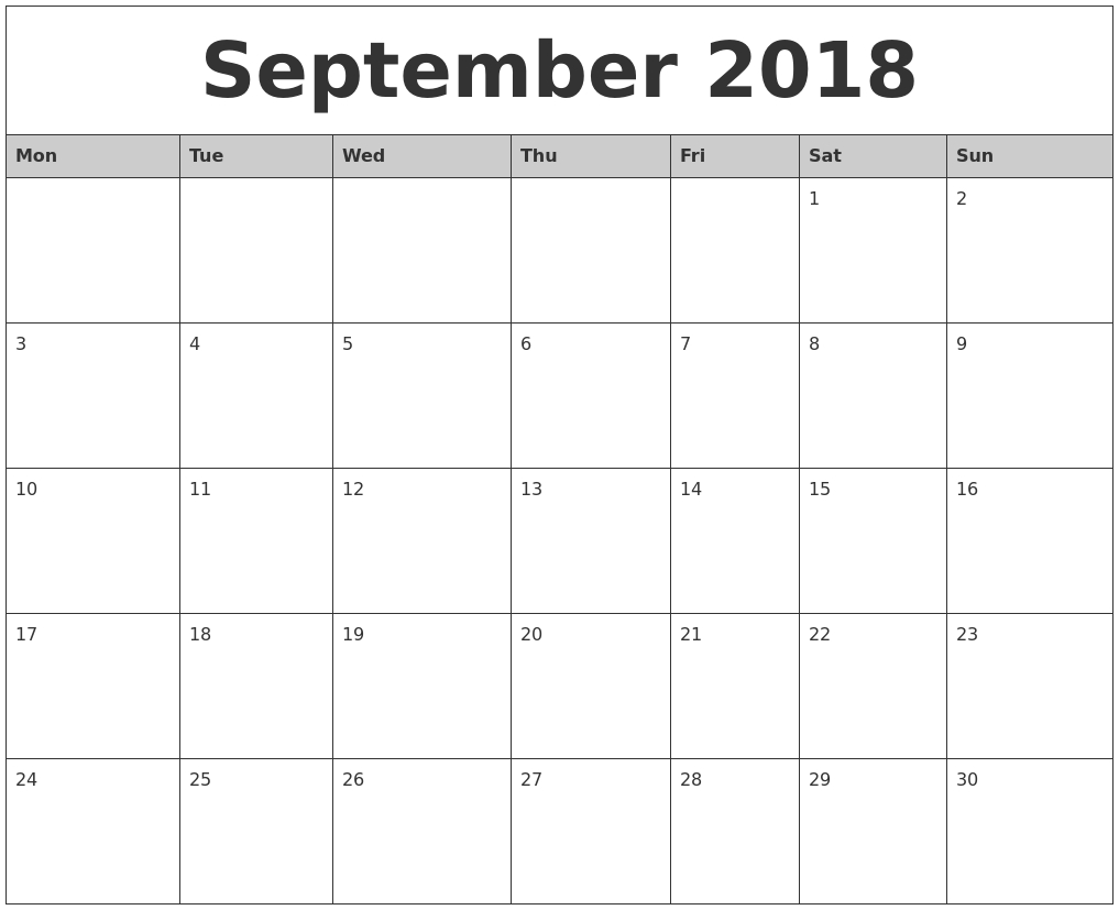 September 2018 Monthly Calendar Printable Monday Start | September Monthly Calendar Monday Start