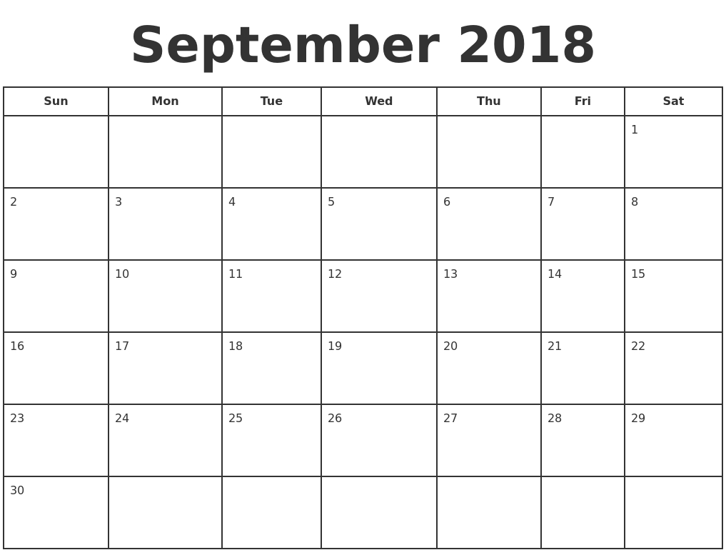 September 2018 Print A Calendar Monthly Calendar To Print