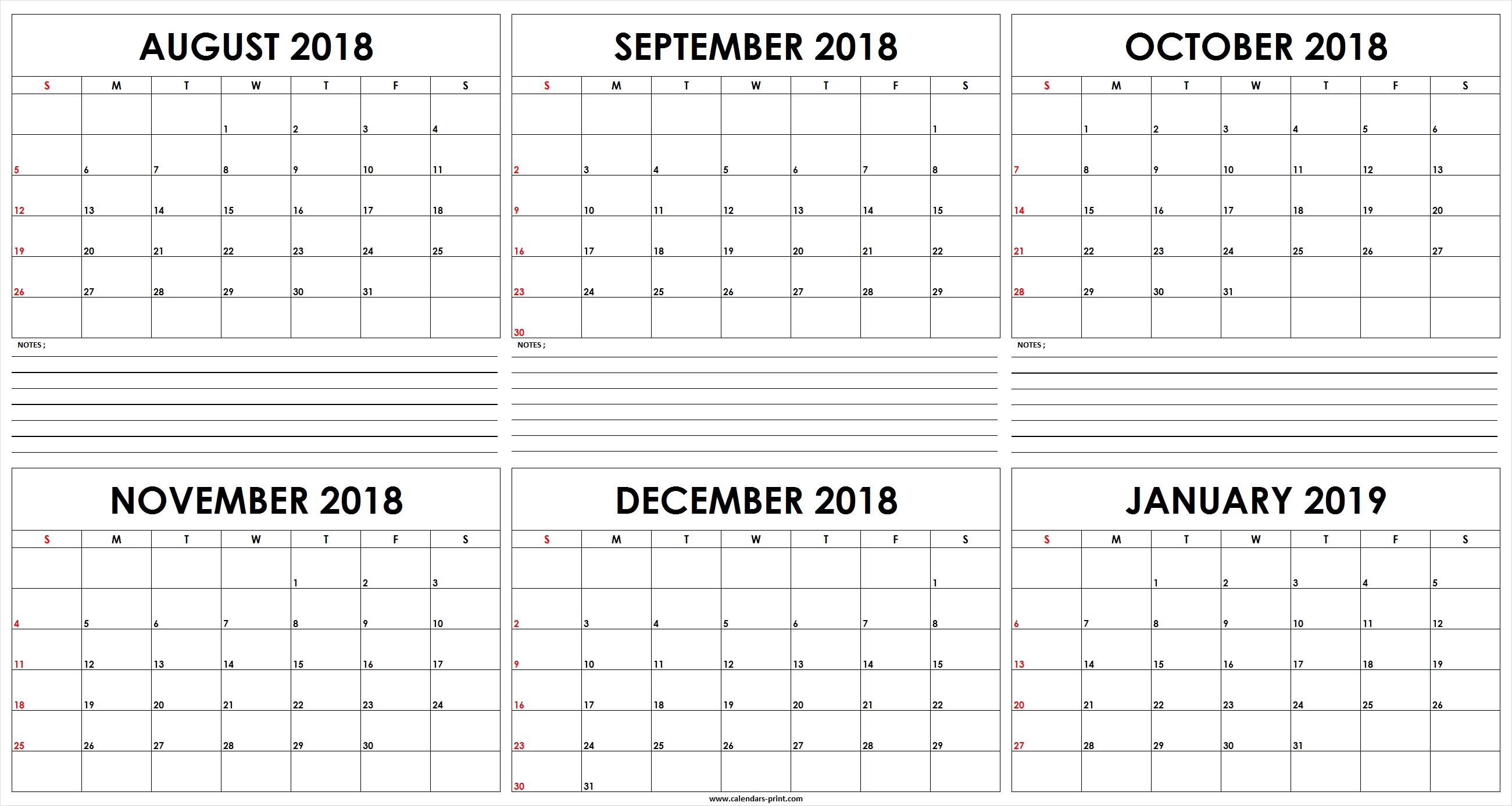 Six Monthly August 2018 To January 2019 Calendar Template | Editable 6 Month Calendar Template