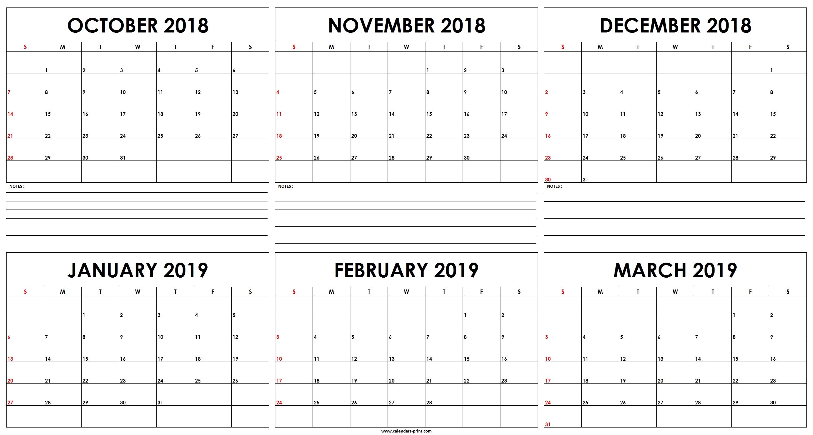 Six Monthly October 2018 To March 2019 Calendar Template | Editable 6 Month Blank Calendar Template