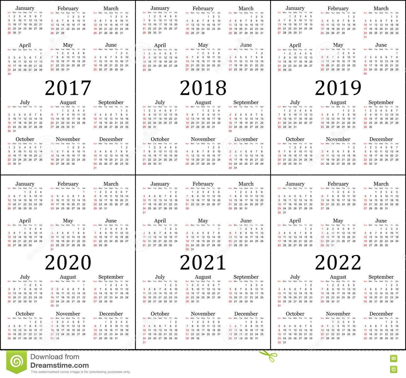 Six Year Calendar - 2017, 2018, 2019, 2020, 2021 And 2022 Stock Calendar 2020 To 2022