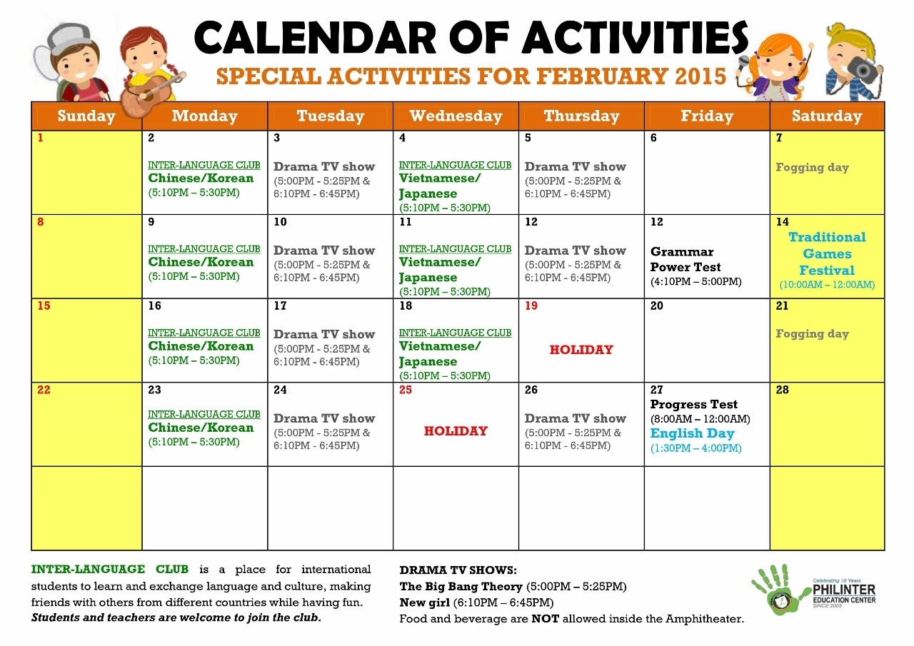 Special Activities For February 2015 | Philinter Impressive School Calendar Of Activities