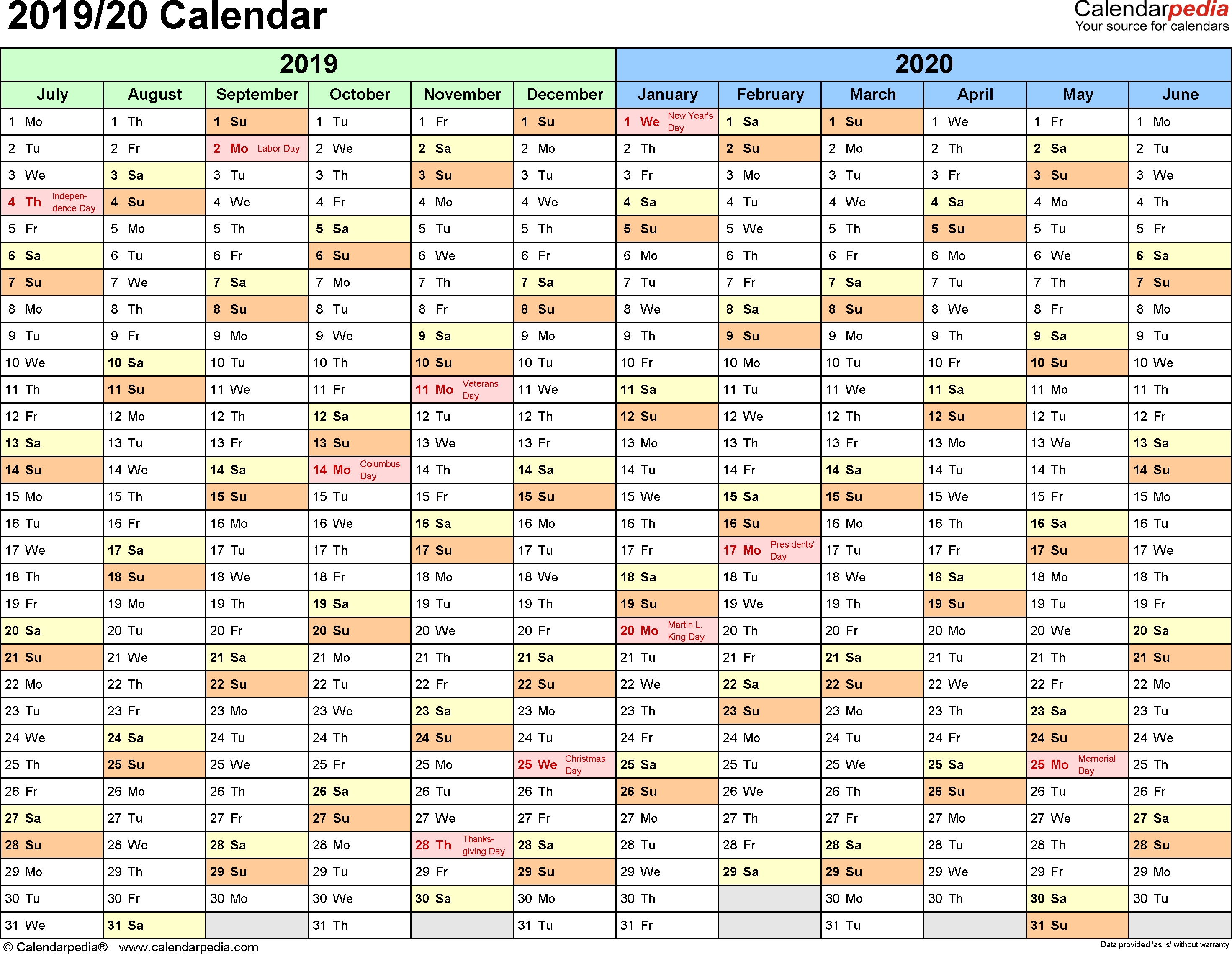 Split Year Calendar 2019/20 (July To June) - Pdf Templates 2020 Calendar Working Days