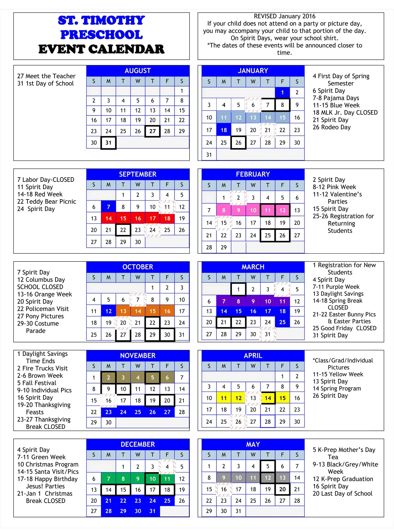 St Timothy Preschool&#039;s Event Calendar Perky Calendar Of School Events
