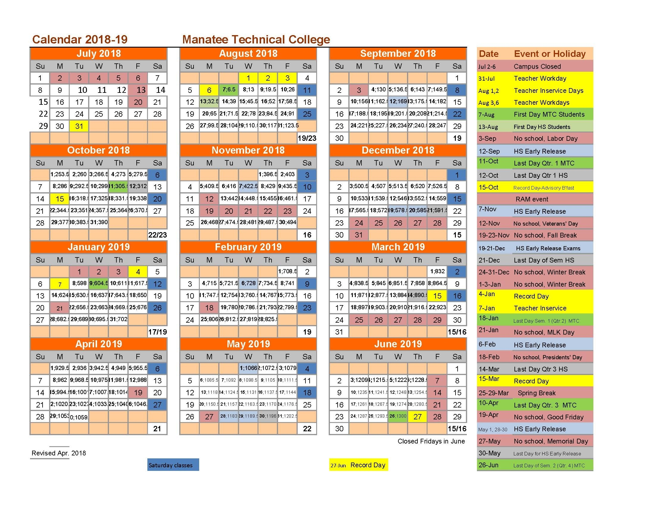 Student Calendar - Manatee Technical College Calendar School 2019 Florida