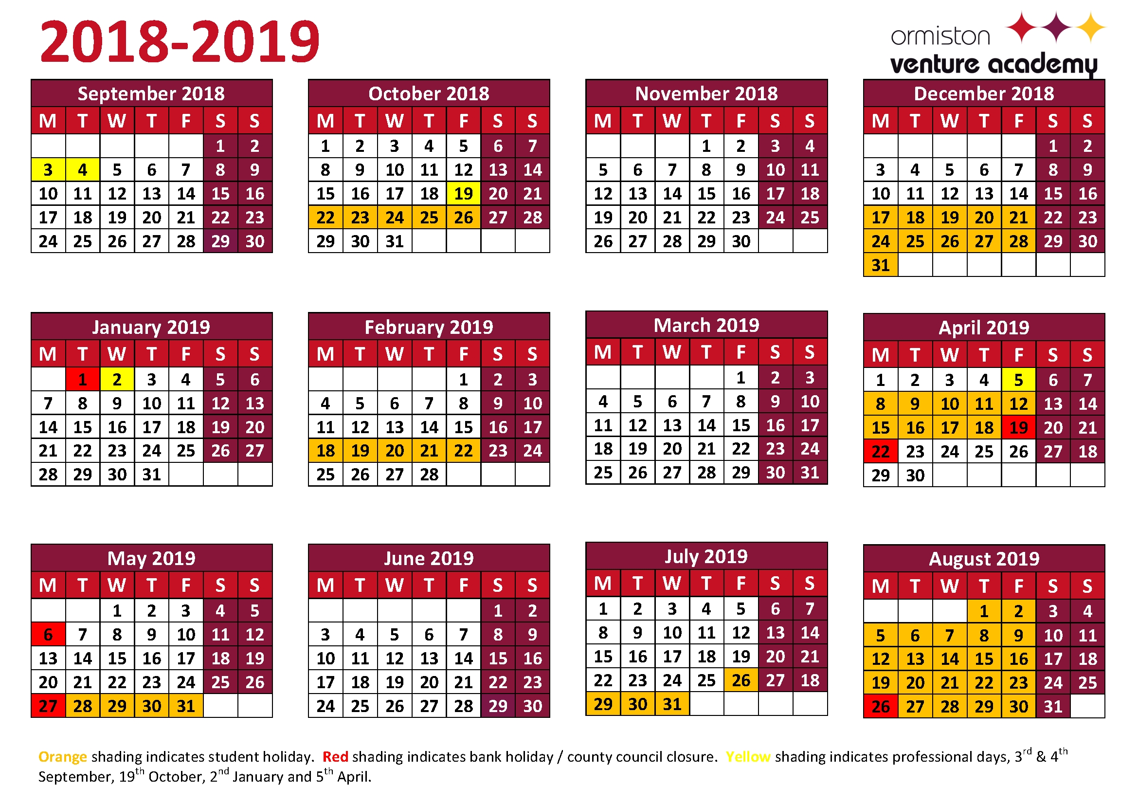 Term Dates | Ormiston Venture Academy Perky Calendar School 2019 Uk