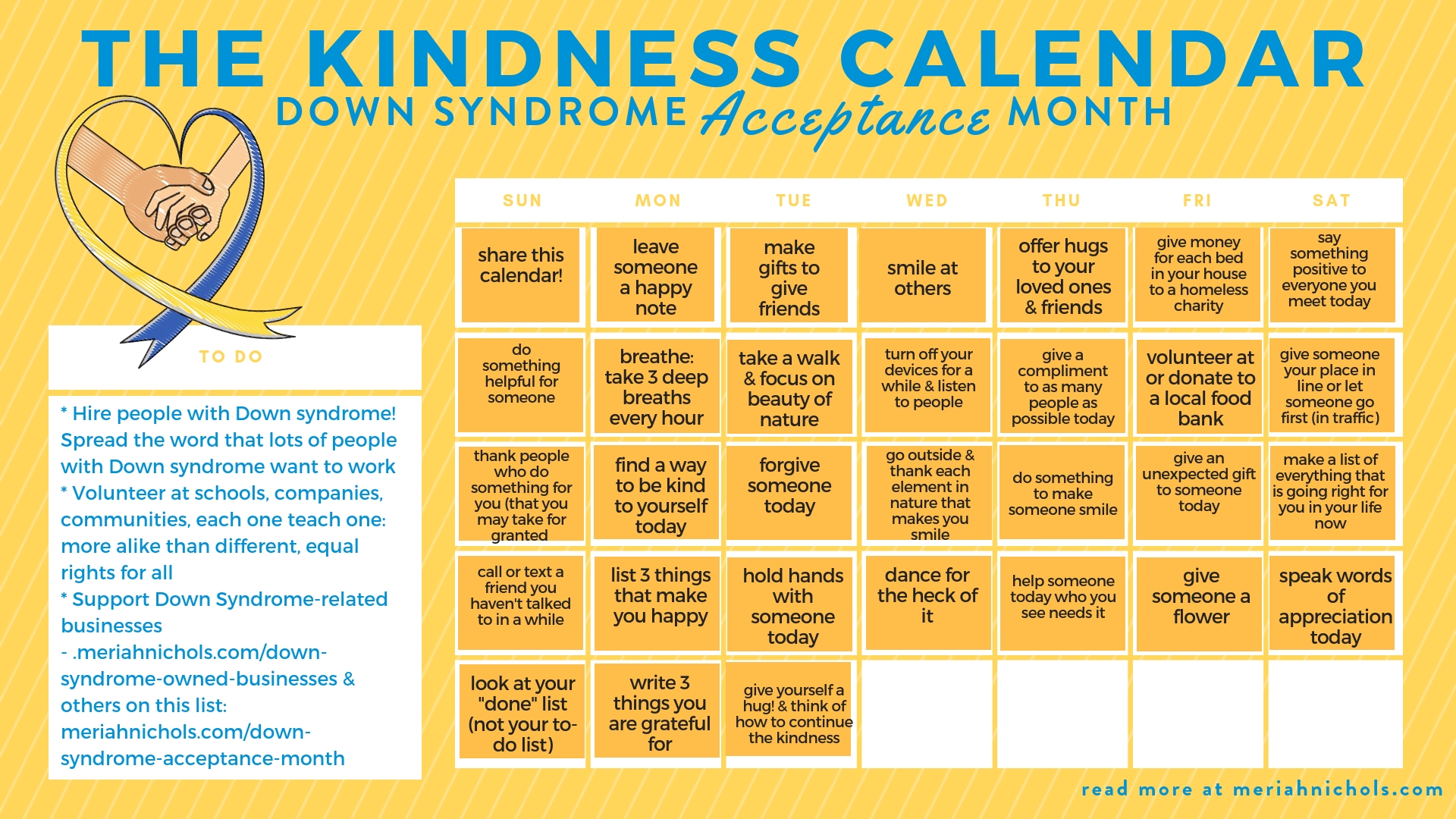 The Kindness Calendar For Down Syndrome Awareness Month! A Calendar Month From Today