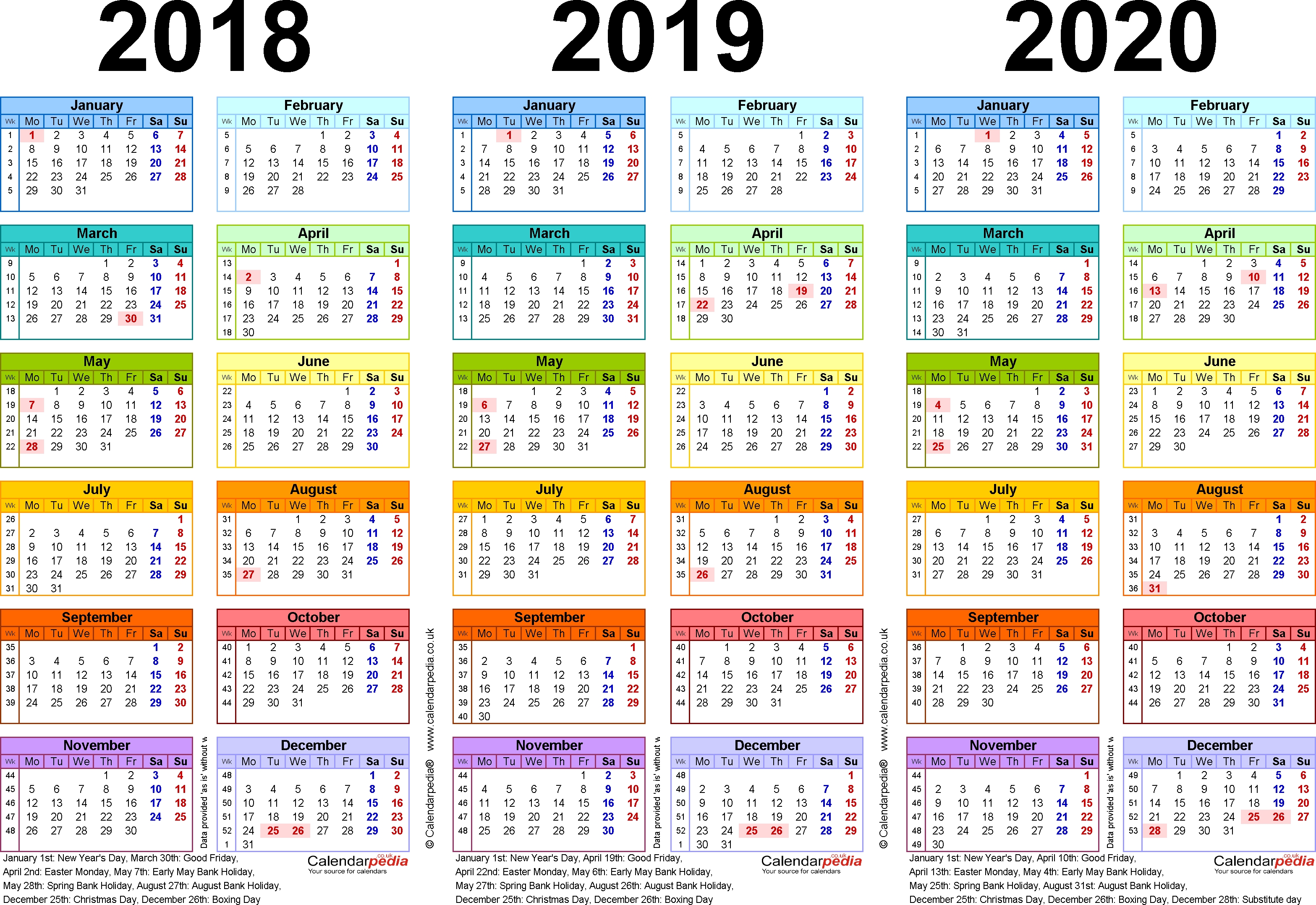 Three Year Calendars For 2018, 2019 &amp; 2020 (Uk) For Pdf Year 2020 Calendar United Kingdom