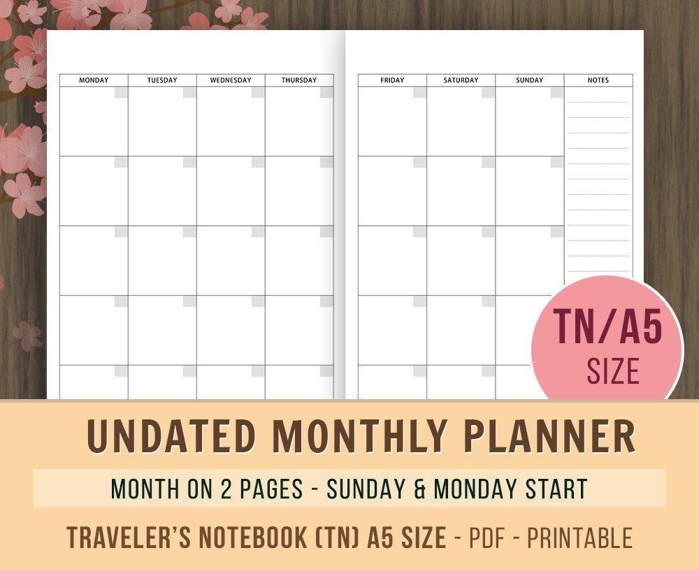 Tn A5 Monthly Planner Inserts, Travelers Notebook Inserts, Undated Monthly Calendar And Notebook