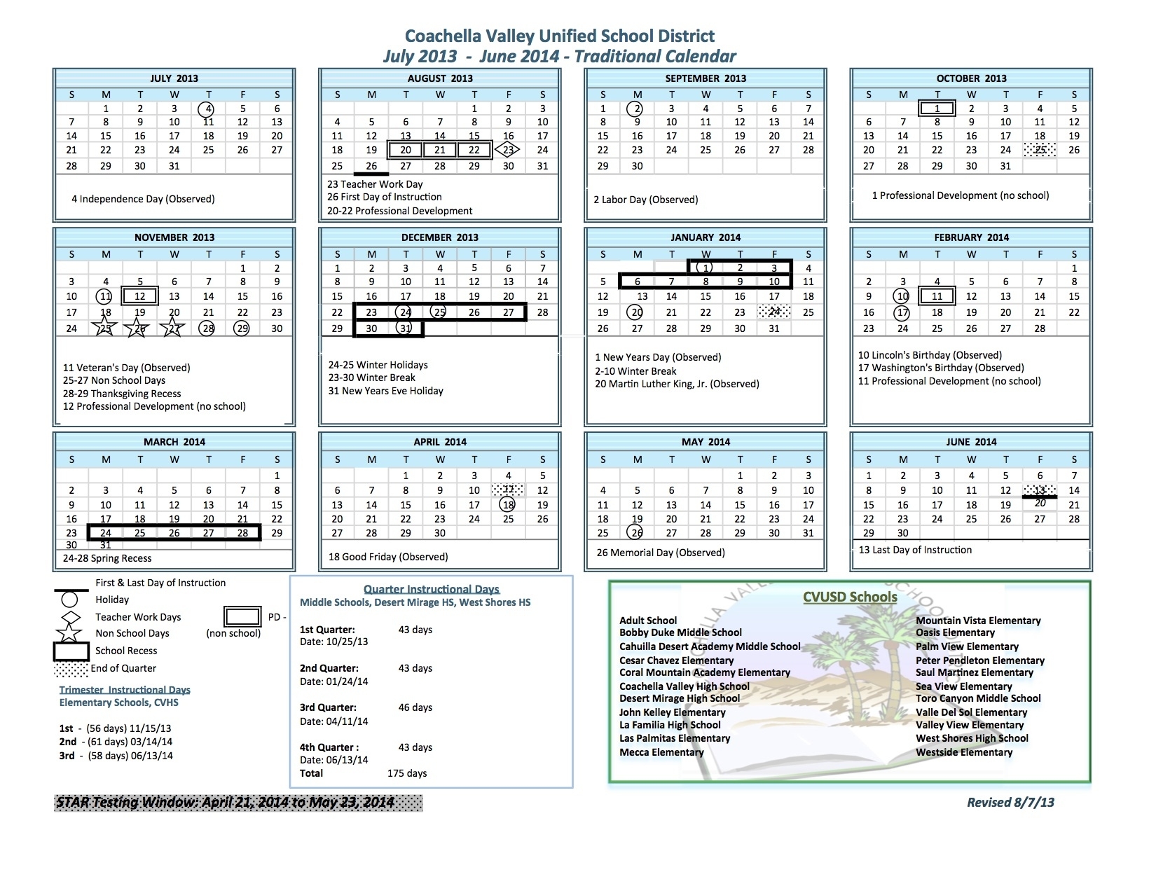 Traditional Calendar - Coachella Valley Unified School District Dashing Westside K-8 School Calendar