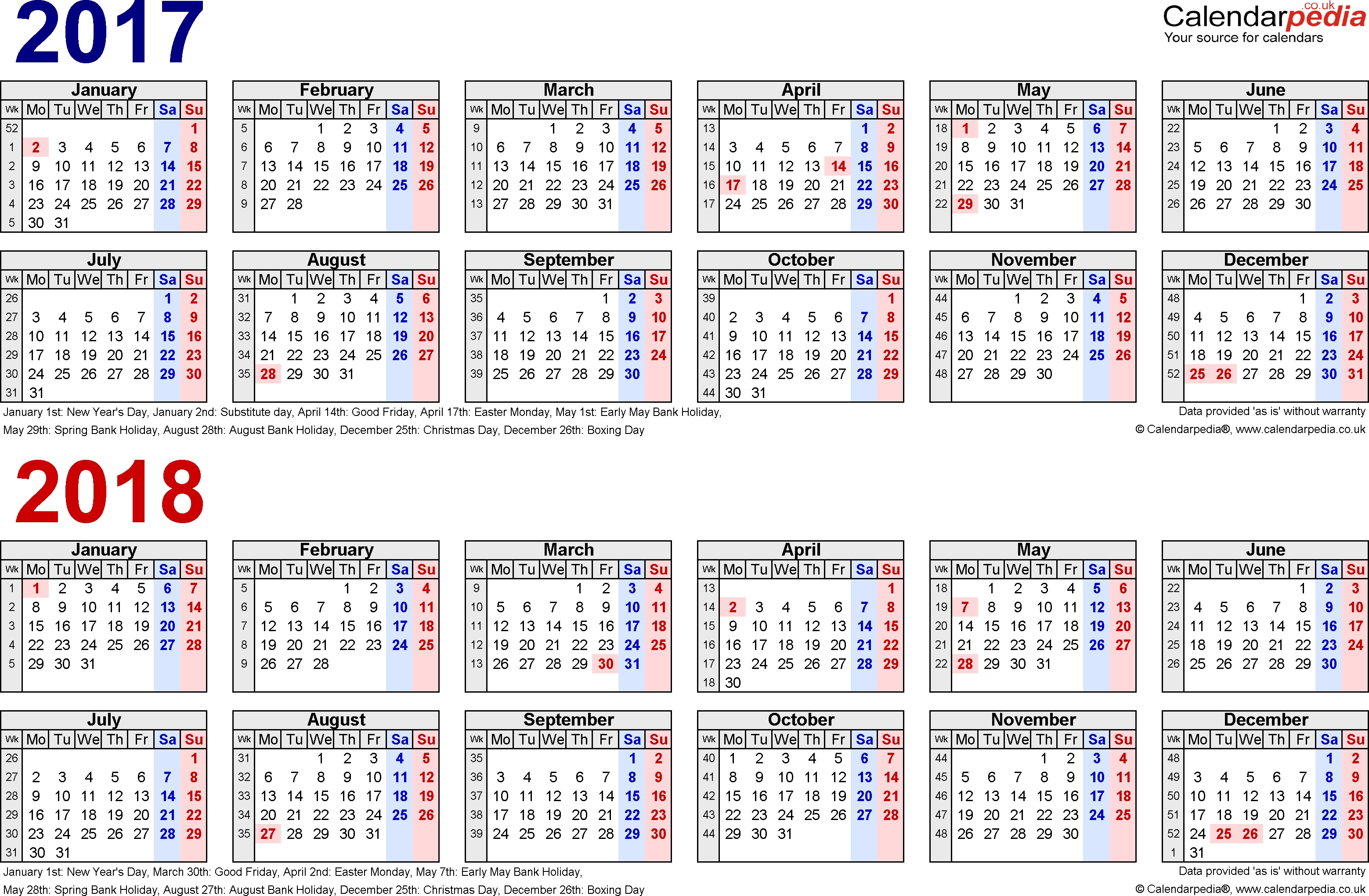 Two Year Calendars For 2017 &amp; 2018 (Uk) For Pdf Calendar Month Notice Period Uk