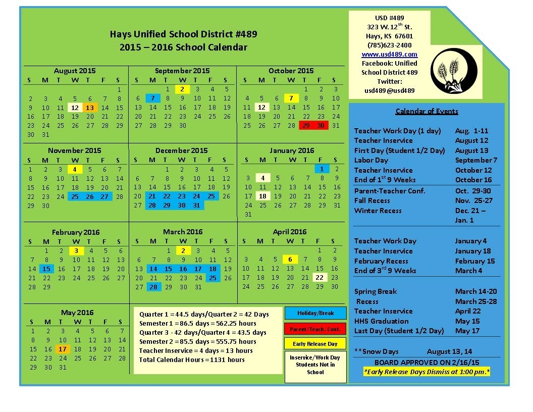 Usd 489 Hays, Kansas – 2015-2016 School Calendar Calendar Riverside School Board