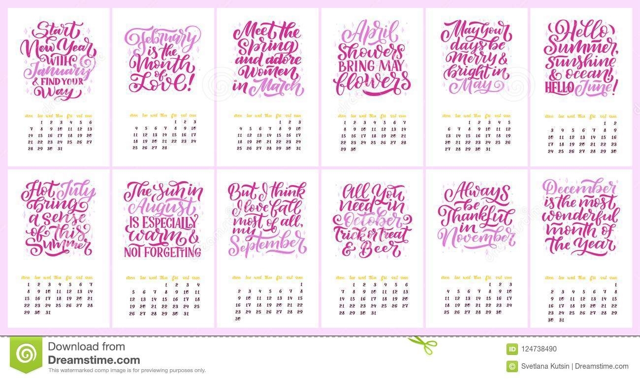 Vector Calendar For Months 2 0 1 9. Hand Drawn Lettering Quotes For Calendar Month 0 To 11