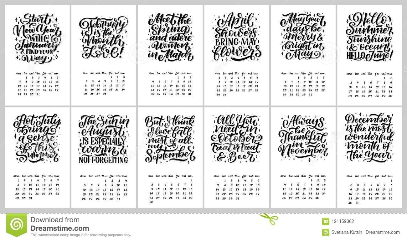 Vector Calendar For Months 2 0 1 9. Hand Drawn Lettering Quotes For Calendar Month 0 To 11