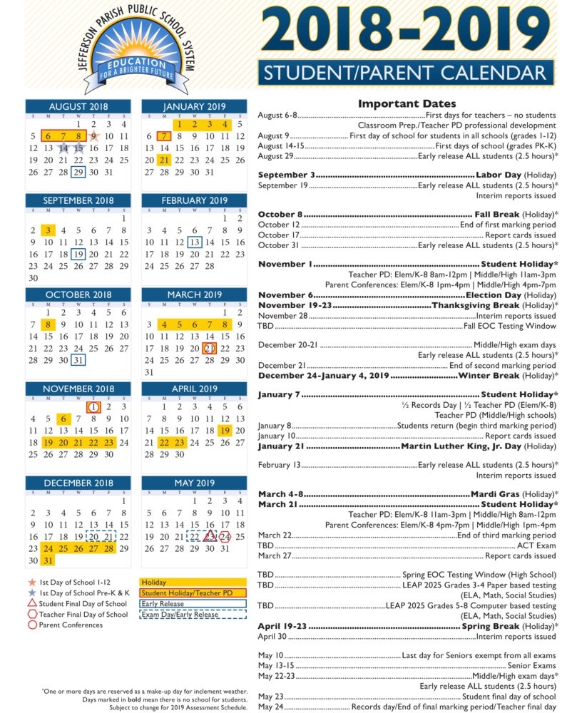 View Our 2018-19 Academic Calendar — Jefferson Parish Public School Nyc School Calendar 3018