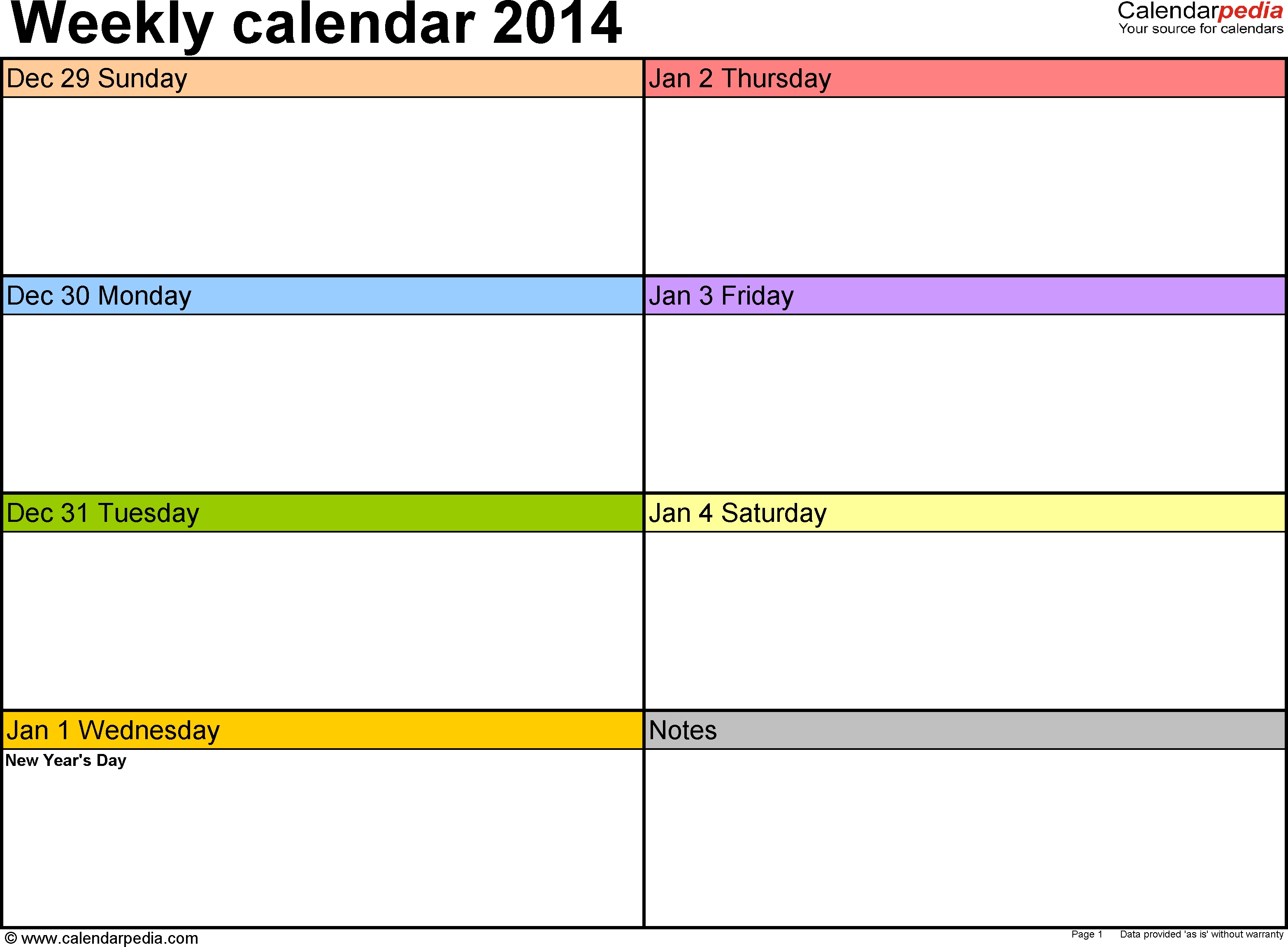 Weekly Calendar 2014 For Excel - 4 Free Printable Templates 4 Day Calendar Template