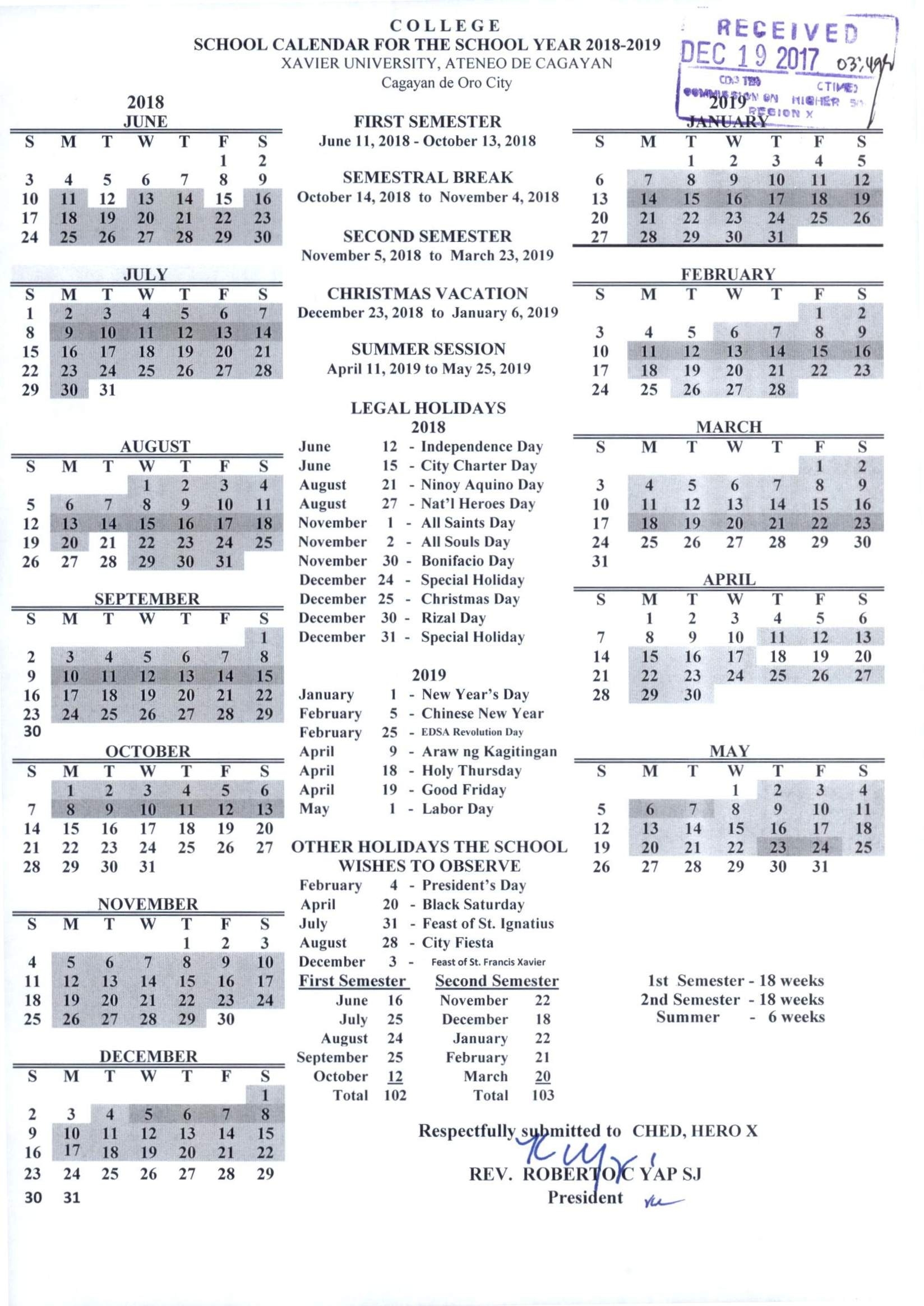 Xavier University - University Academic Calendar A I High School Calendar