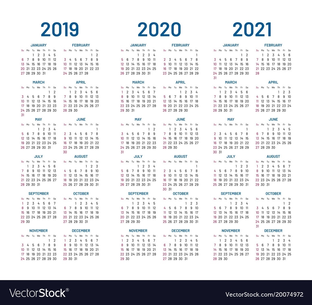 Year 2019 2020 2021 Calendar Royalty Free Vector Image 2020 Calendar Template Illustrator