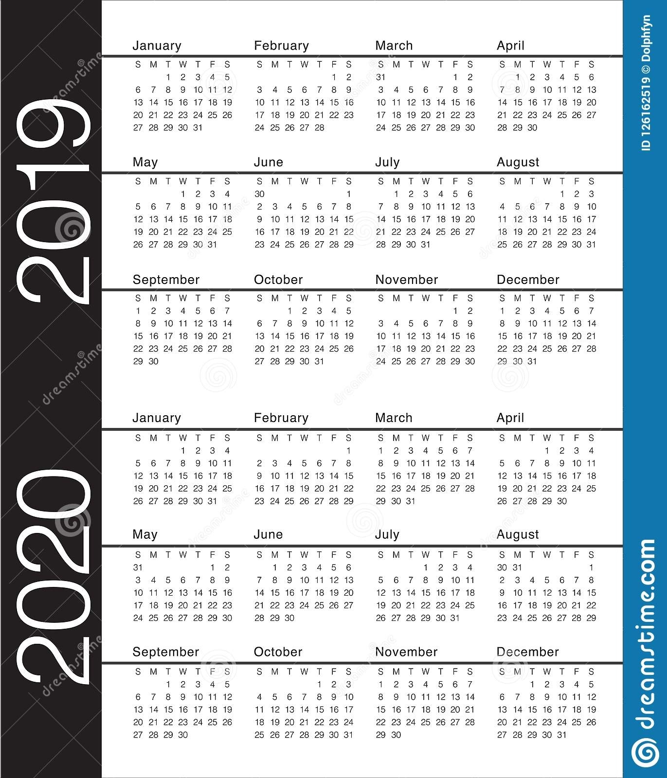 Year 2019 2020 Calendar Vector Design Template Stock Vector Dashing 2020 Calendar Black And White