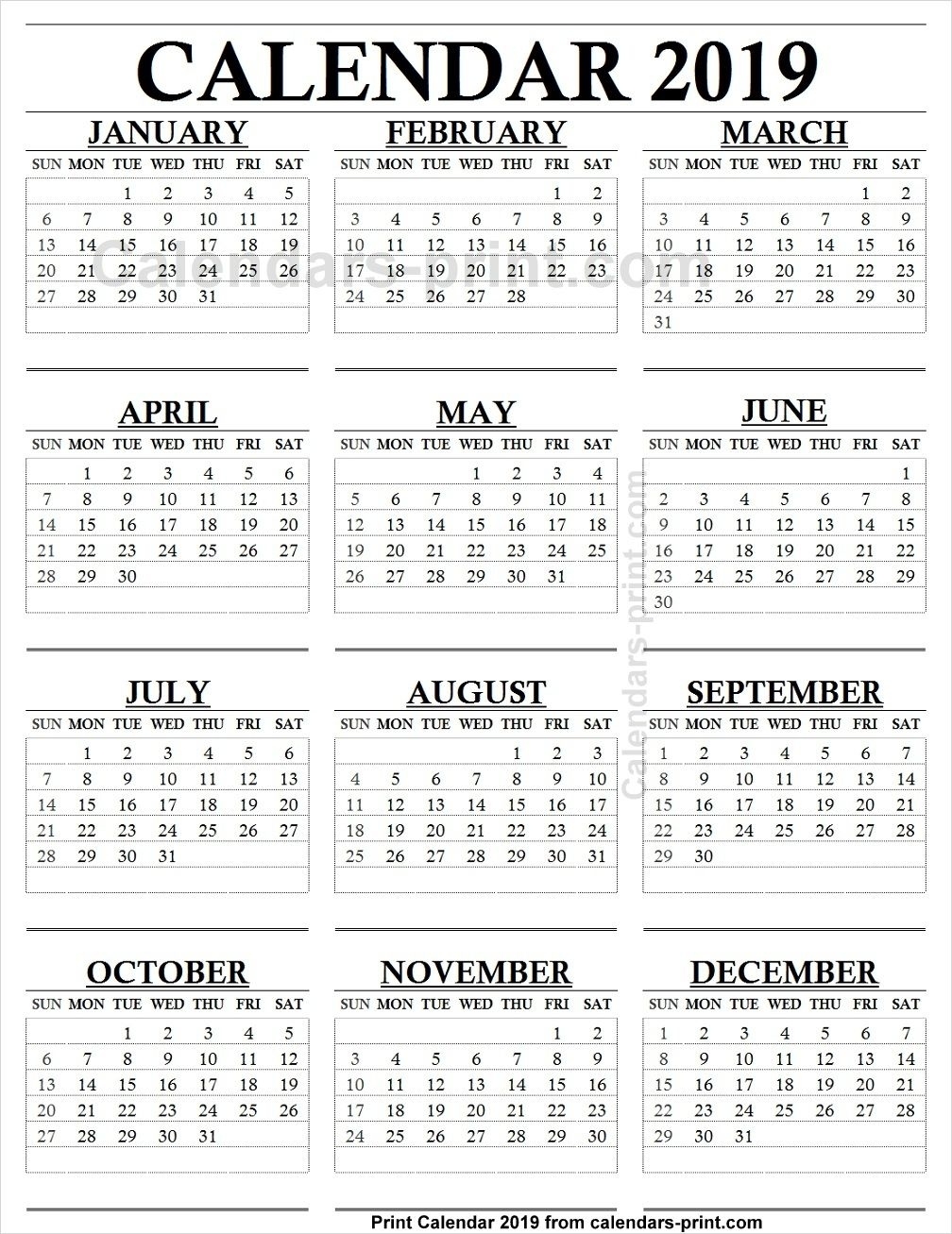 12 Month Calendar 2019 One Page | 2019 Yearly Calendar | Calendar 4 Calendar Months On One Page